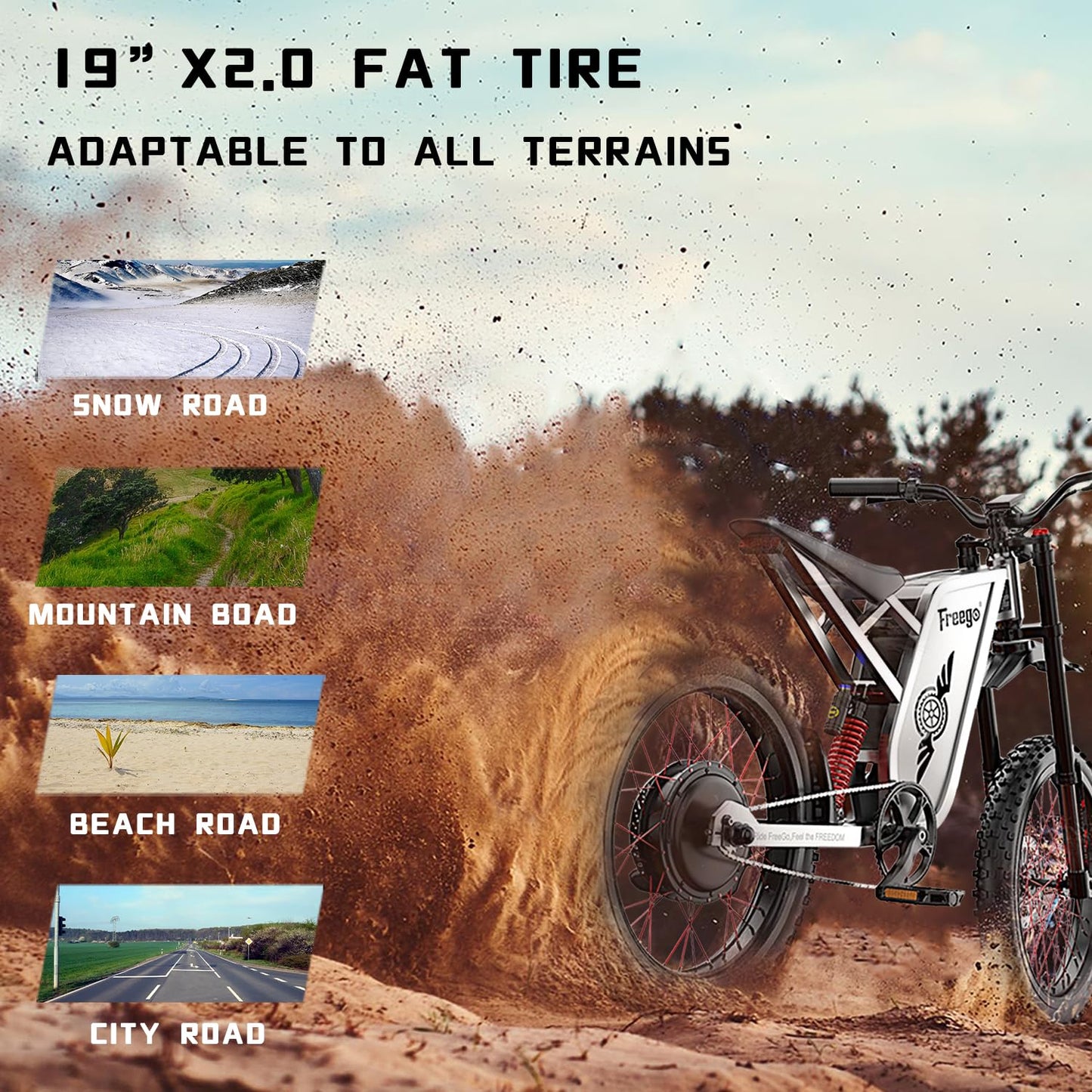 Freego Electric Dirt Bike for Adults, X2 Pro Electric Motorcycle 6000W(Peak) Motor 1800wh Battery,7 Speed 50MPH Off Road Electric Bicycle,19x2 Tire Full Suspension Hydraulic Brake Half Throttle