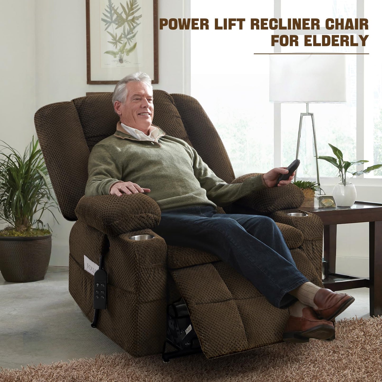 Madaha Electric Power Large Lift Recliner Chair Sofa with Massage and Heat for Elderly, Oversized Lay Flat Dual Motor Infinite Position Recliner Chair, Side Pockets, Cup Holders, USB Ports (Brown)
