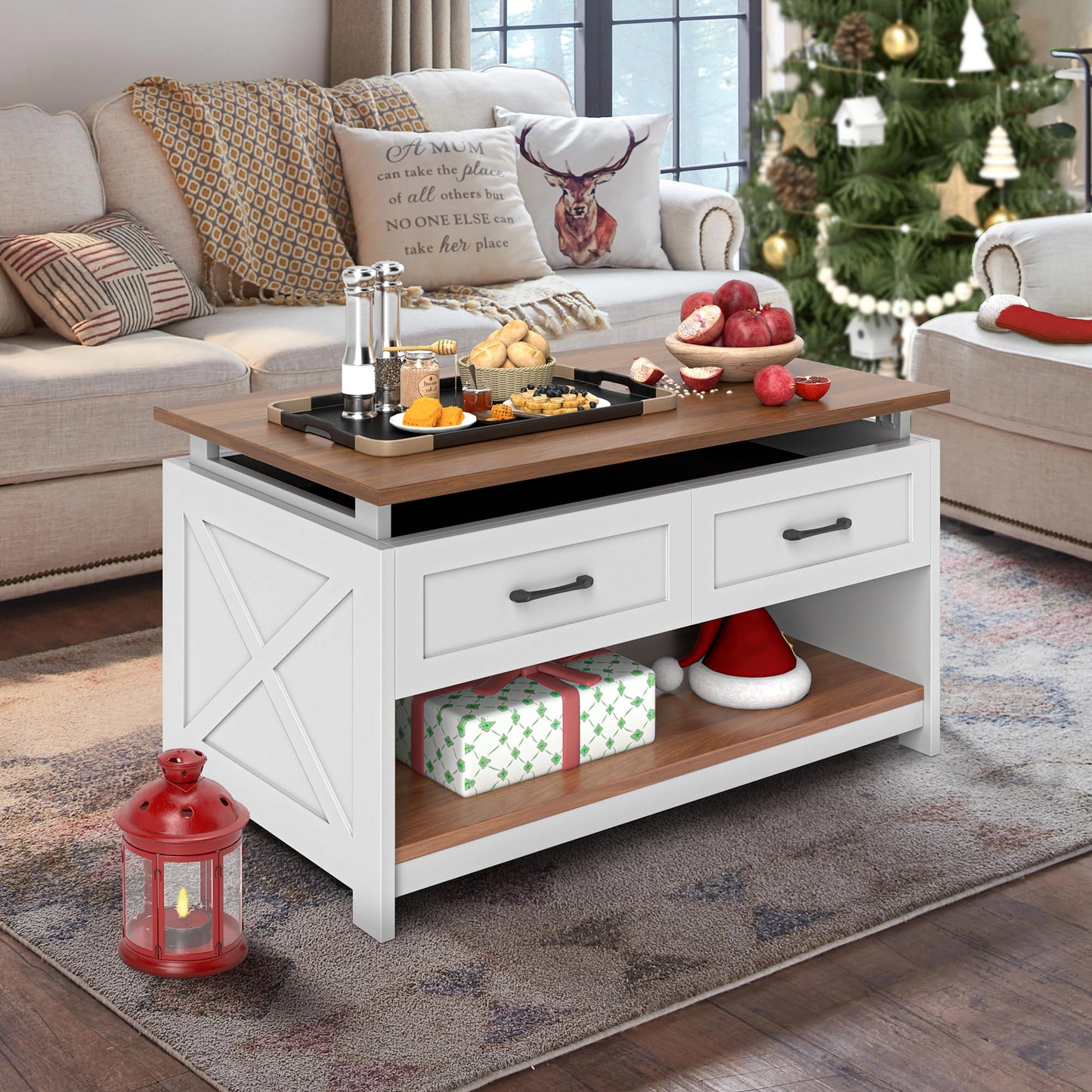 DWVO Farmhouse Coffee Table: 3-in-1 Board Game Center with Removable Top, 4-Drawer Puzzle Station & Built-in Power Outlet, Living Room Furniture with Play Mat (Walnut)