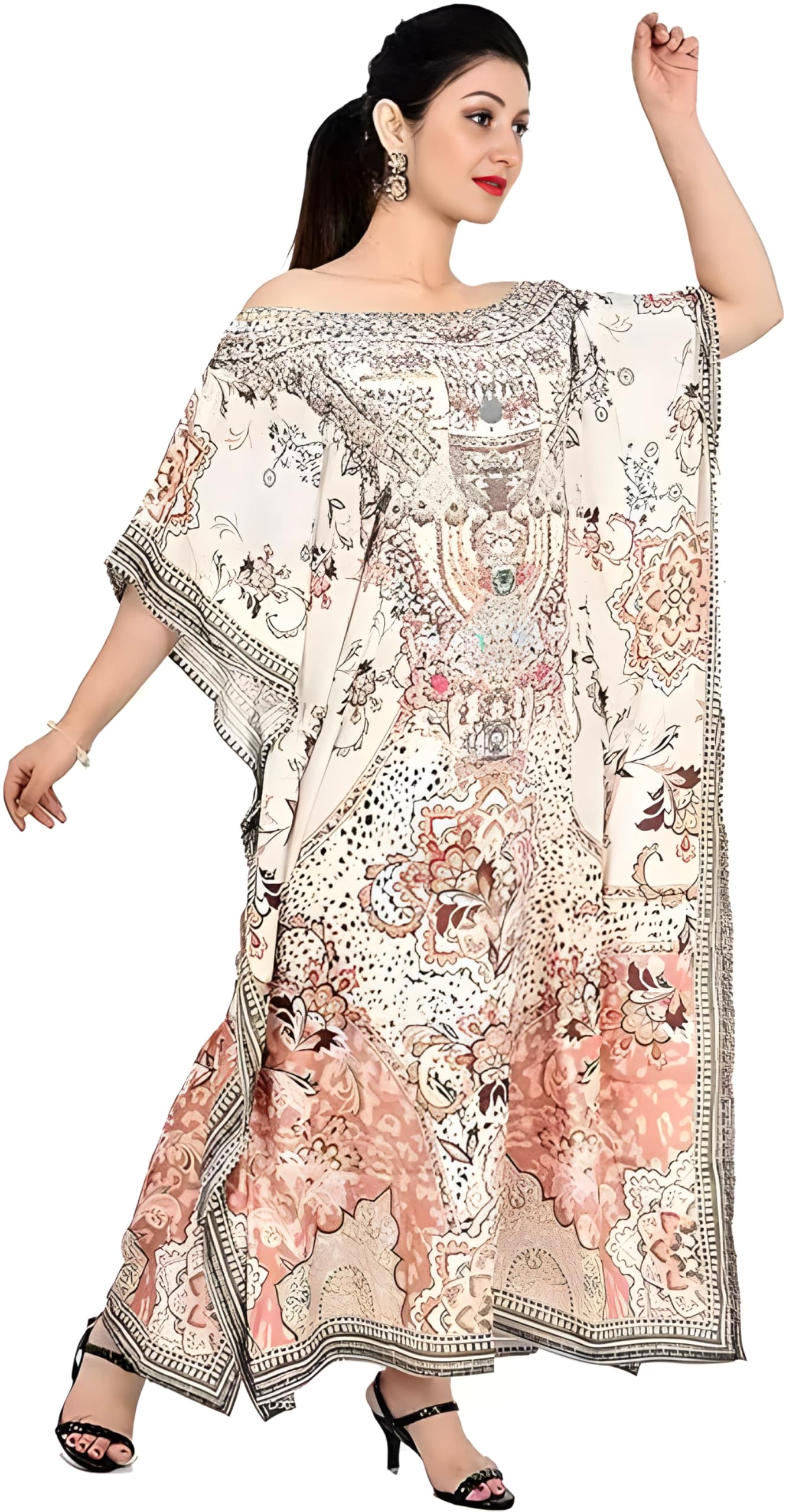 ANJANIYA Kimono Maxi Dress Floral Long Kaftan Plus Size Caftan Gown Nightdress Kimono Women (Beige)