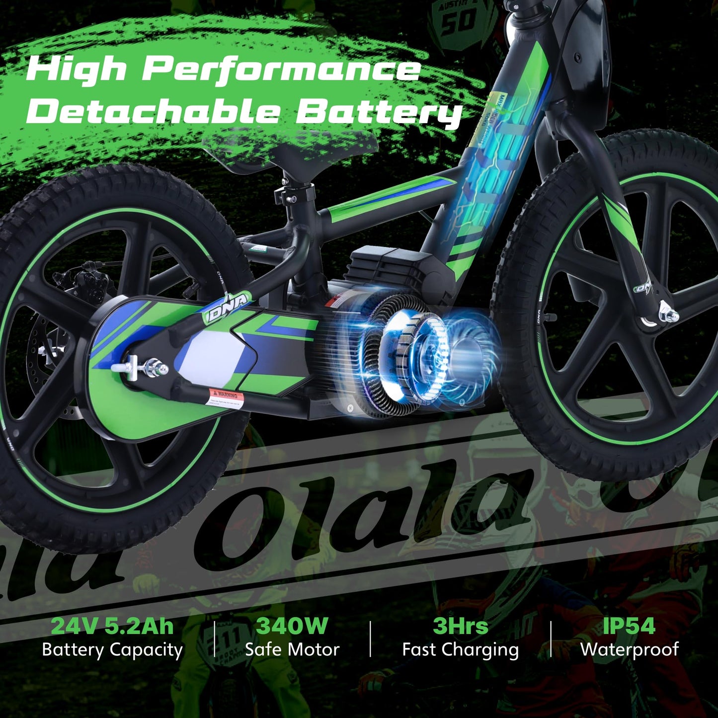 OLALA Electric Dirt Bike for Kids Aged 5-10, 340W Racing Grade Electric Motorcycle with Aluminum Frame, Up to 12MPH & 3 Speed Settings, Safe Disc Brakes, 16IN Knobby Tires