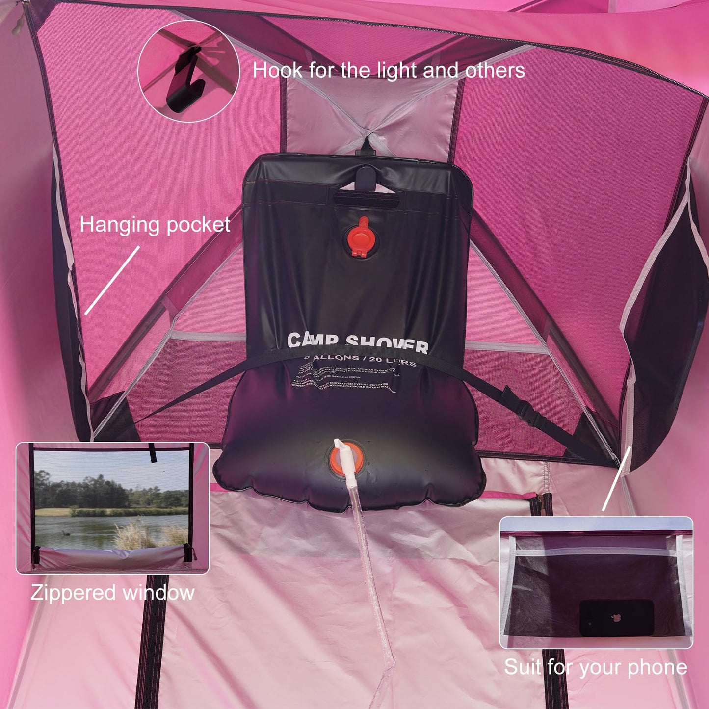 Vidalido Outdoor Camping Shower Tent Easy Setup Changing Room Portable Camp Shower Tents for Camping with Floor, Waterproof Privacy Shelters Toilet Tent (Pink)