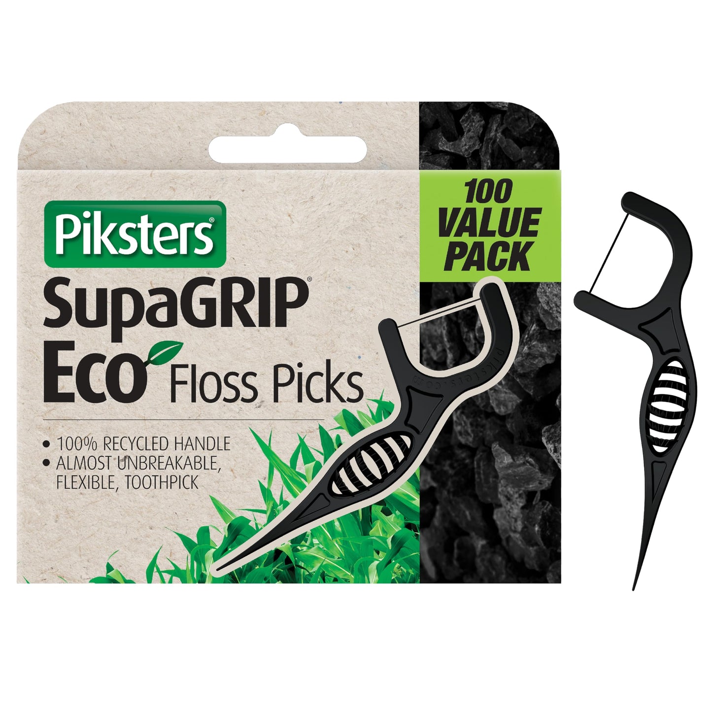 Piksters SupaGRIP Eco Floss Picks 100 Count Value Pack - 100% Recycled Easy Grip Handle, 2 in 1 Dental Picks for Teeth Cleaning and Gum Health, Nearly Unbreakable