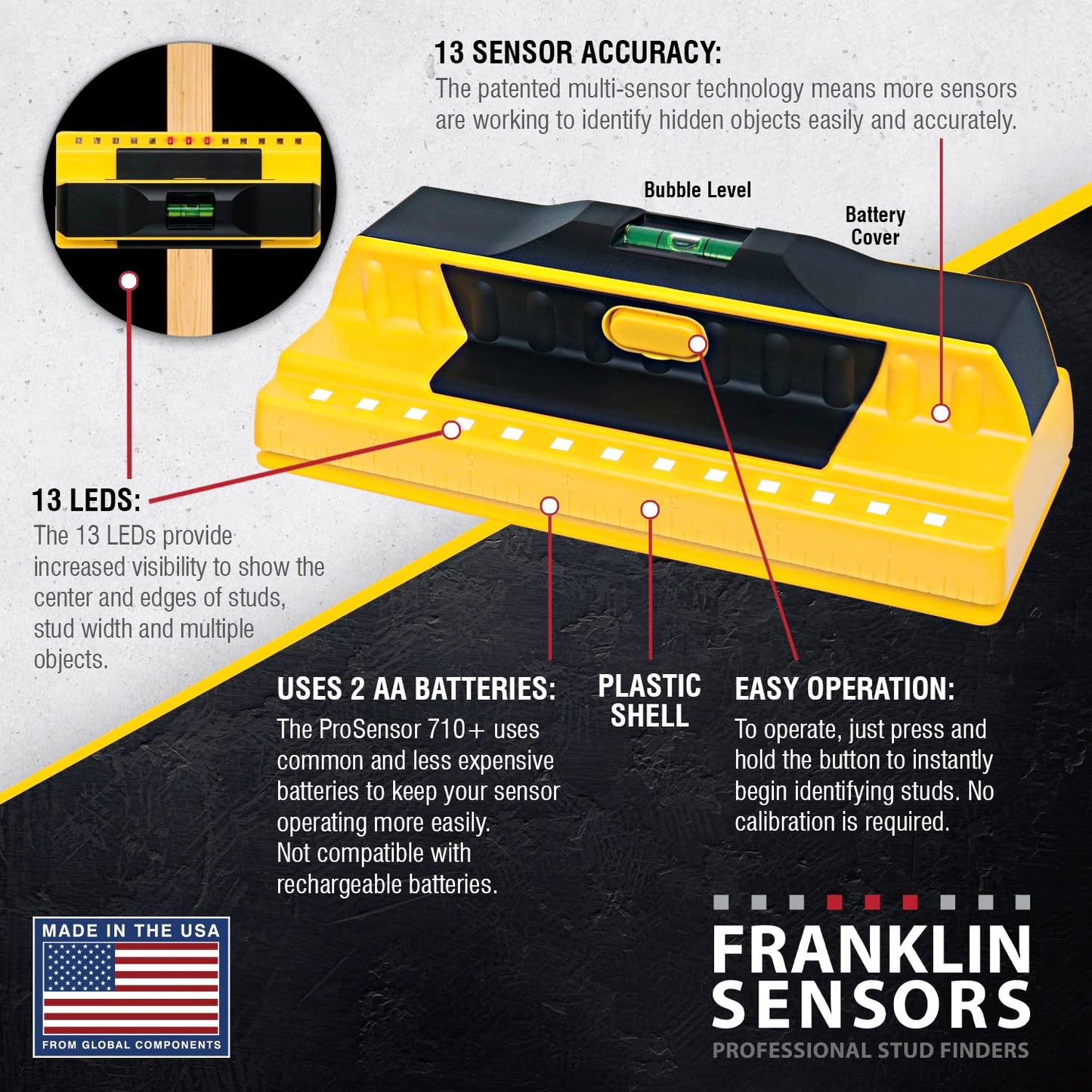 Franklin Sensors ProSensor 710+ Stud Finder with 13-Sensors, Wood & Metal Stud Detector/Wall Scanner, Built-in Bubble Level