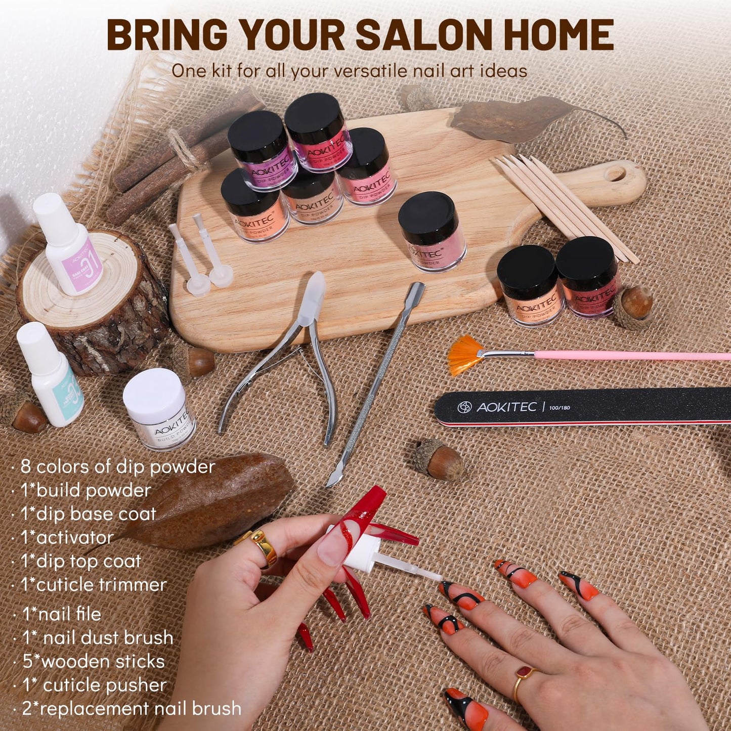 Aokitec 23pcs Dip Nail Kit - 8 Colors Fall Series with Clear Base Activator Top Gel Dipping Powder Liquid Set for French Manicure