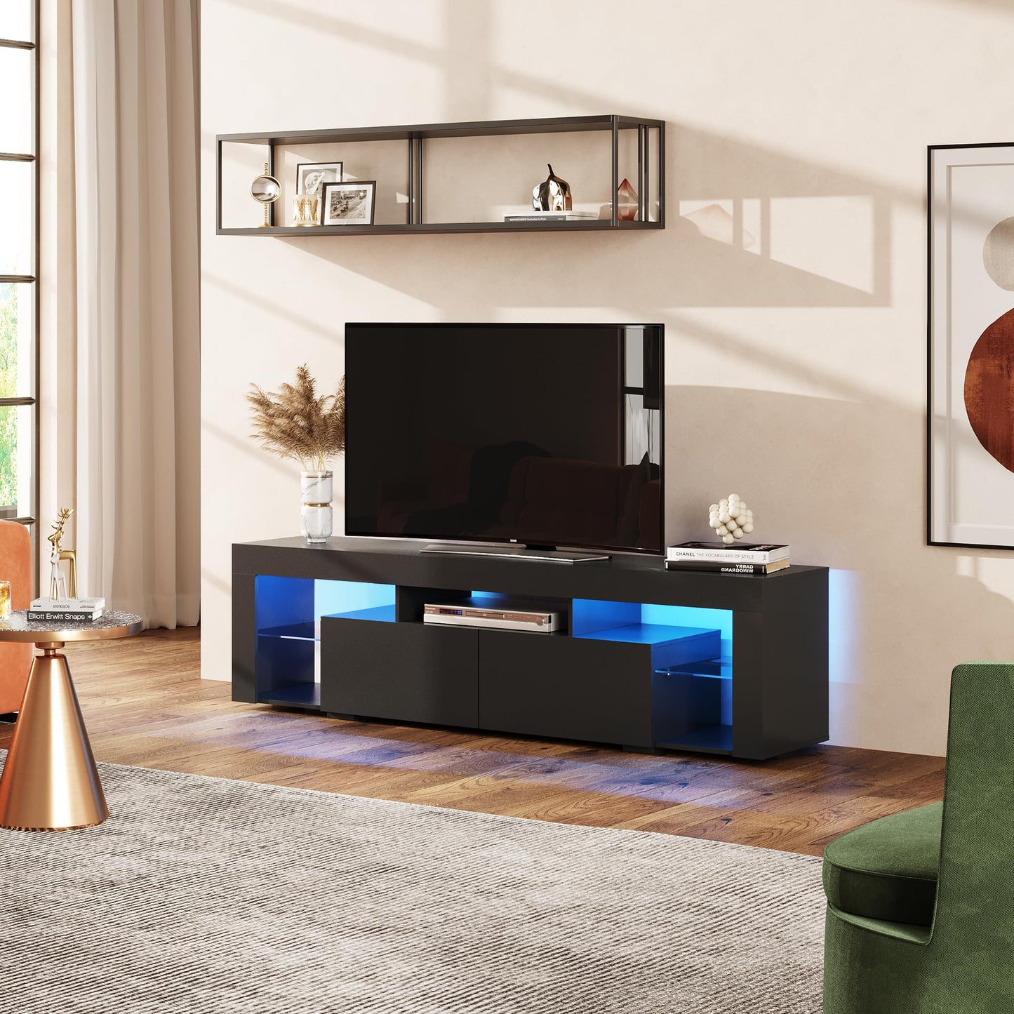 WLIVE 63 Inch TV Stand, LED Entertainment Center for 60 to 70 Inch TV, Modern TV Console with 2 Drawers, TV Stands for Living Room, Black