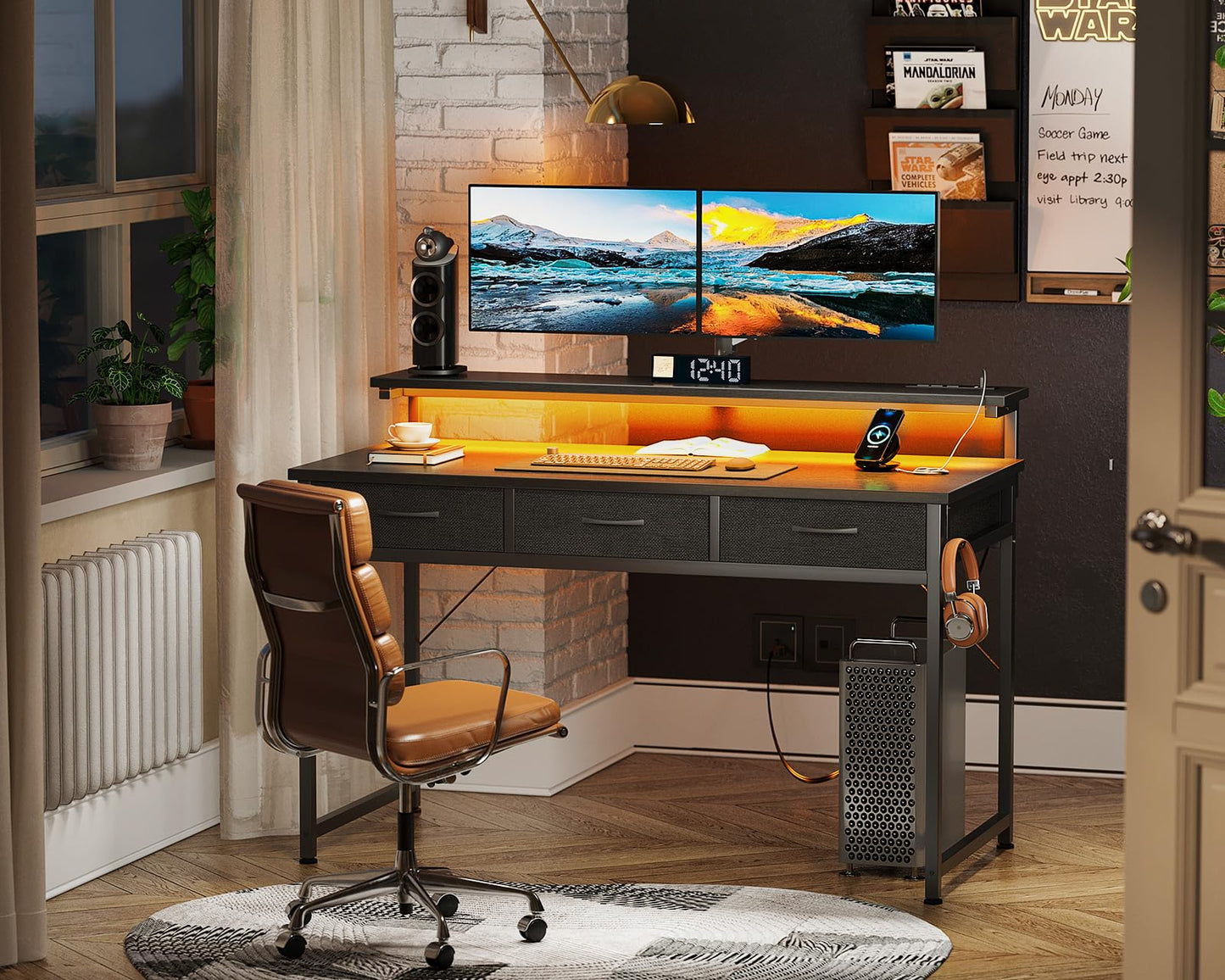 ODK 48 Inch Computer Desk with 3 Drawers and USB Power Outlets, Home Office Desks with LED Lights and Adjustable Monitor Stand, Work from Home, Modern Work/Writing/Study Table for Bedroom, Black