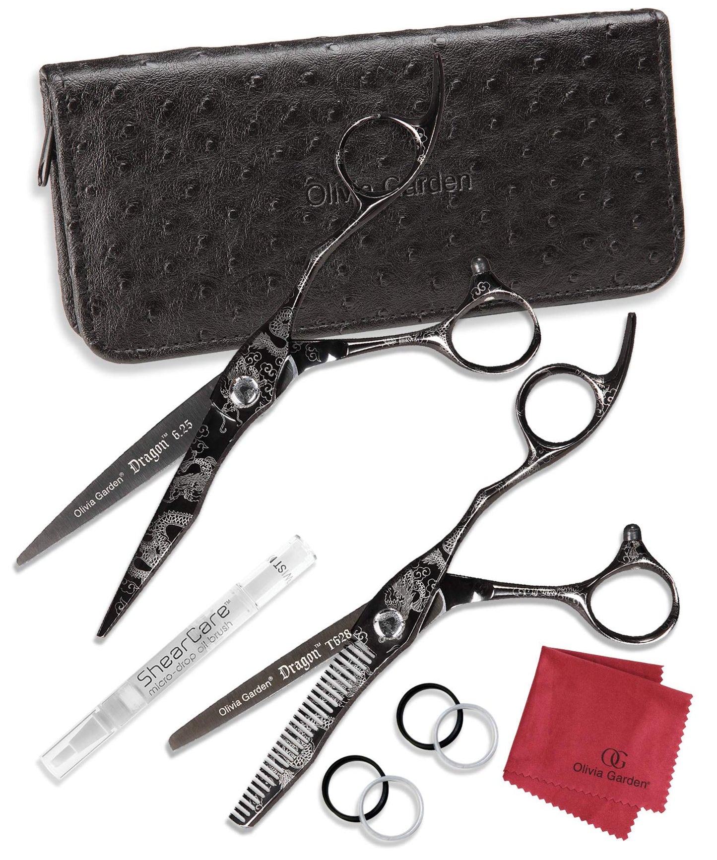 Olivia Garden Dragon Shears Kit - Includes Professional Hair Cutting 6.25" Shear, 6" Thinner, Case, and Accessories - Razor Sharp Scissors - DR-625, DR-T628