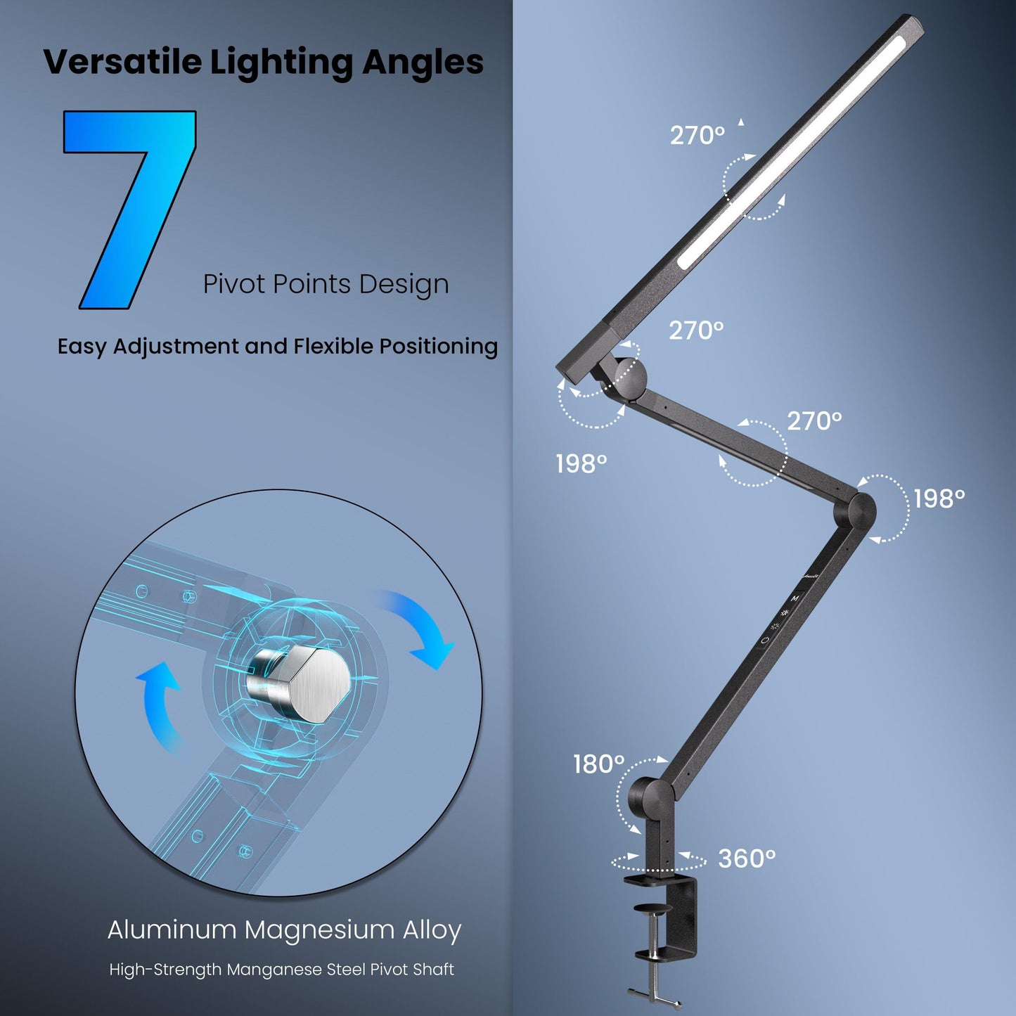 AmazLit Desk Lamp, Desk Light with Clamp, Stepless Dimming & Adjustable Color Temperature Modern Eye-Caring Architect Lamp with Memory & Timing Function for Study, Work, Home, Office, 15W