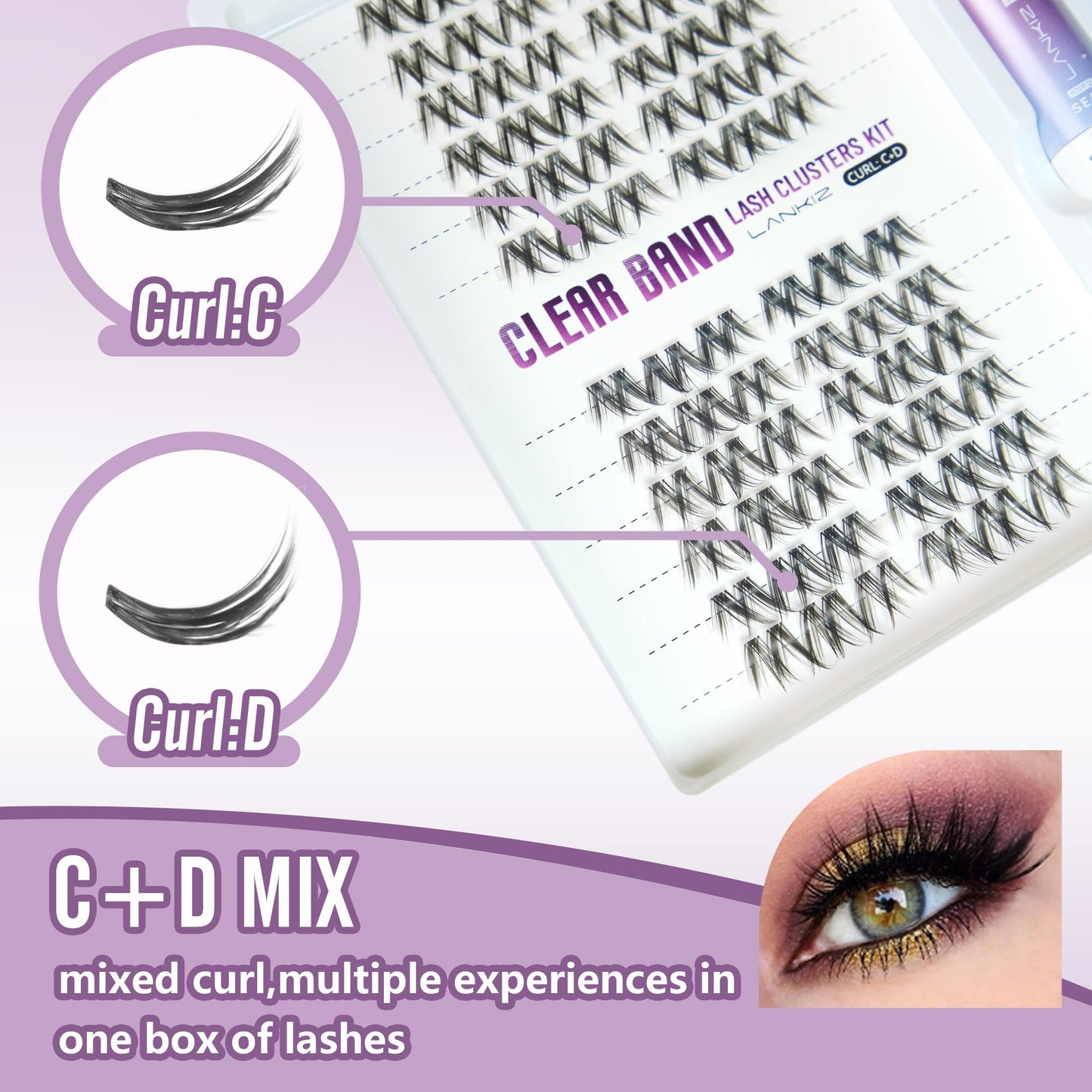 Lash Clusters Kit – LANKIZ Wispy & Fluffy Natural Eyelash Extensions, Invisible Band Individual Lashes Clusters, C+D Curl DIY Lash Extension Kit with Bond & Seal Glue for Beginners (Floral)
