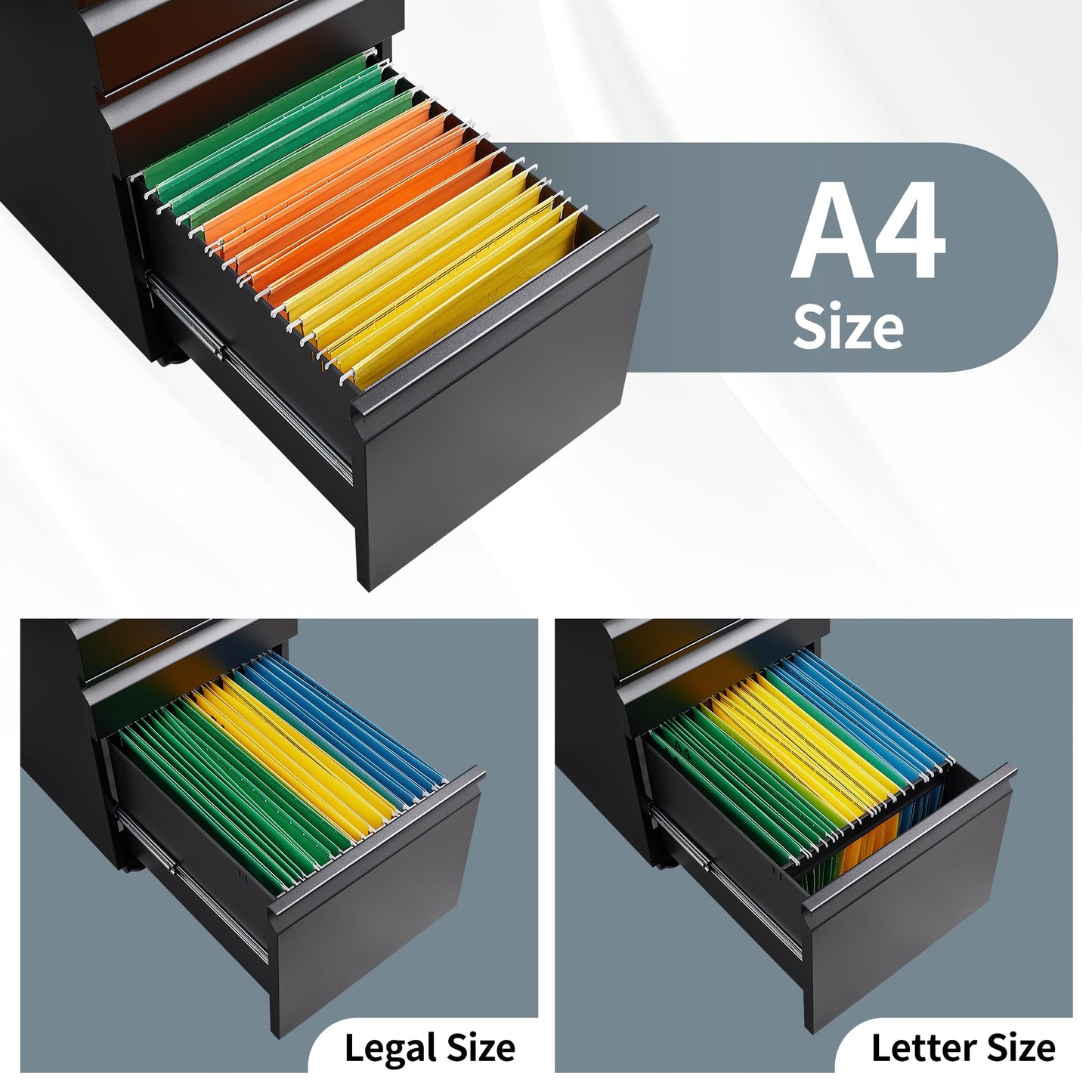 Approgreent 3 Drawer File Cabinet for Home Office, Under Desk Mobile Filing Cabinet with Lock for A4-Size/Letter-Size/Legal-Size, Black (HSEJ-3D)