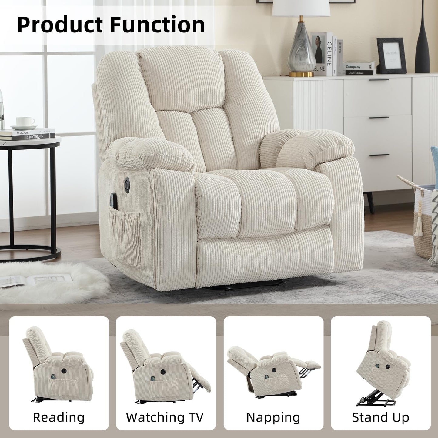 CANMOV Power Lift Recliner Chair with Massage and Heat for Elderly, Overstuffed Wide Recliners, Heavy Duty and Safety Motion Reclining Mechanism with USB Ports, 2 Concealed Cup Holders, Beige