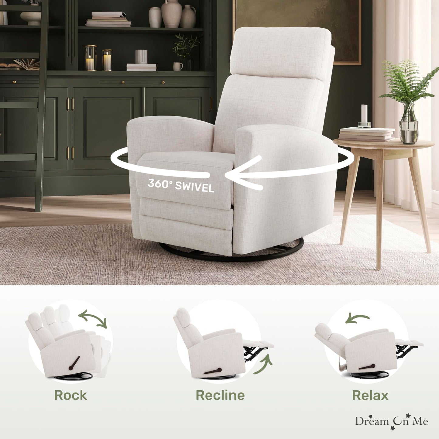 Dream On Me Chatham Basic Nursery Rocking Glider in Ecru, 360° Swivel Motion, FSC Certified, Greenguard Gold & JPMA Certified Nursery Glider, Three Rocking Modes Nursery Glider Recliner