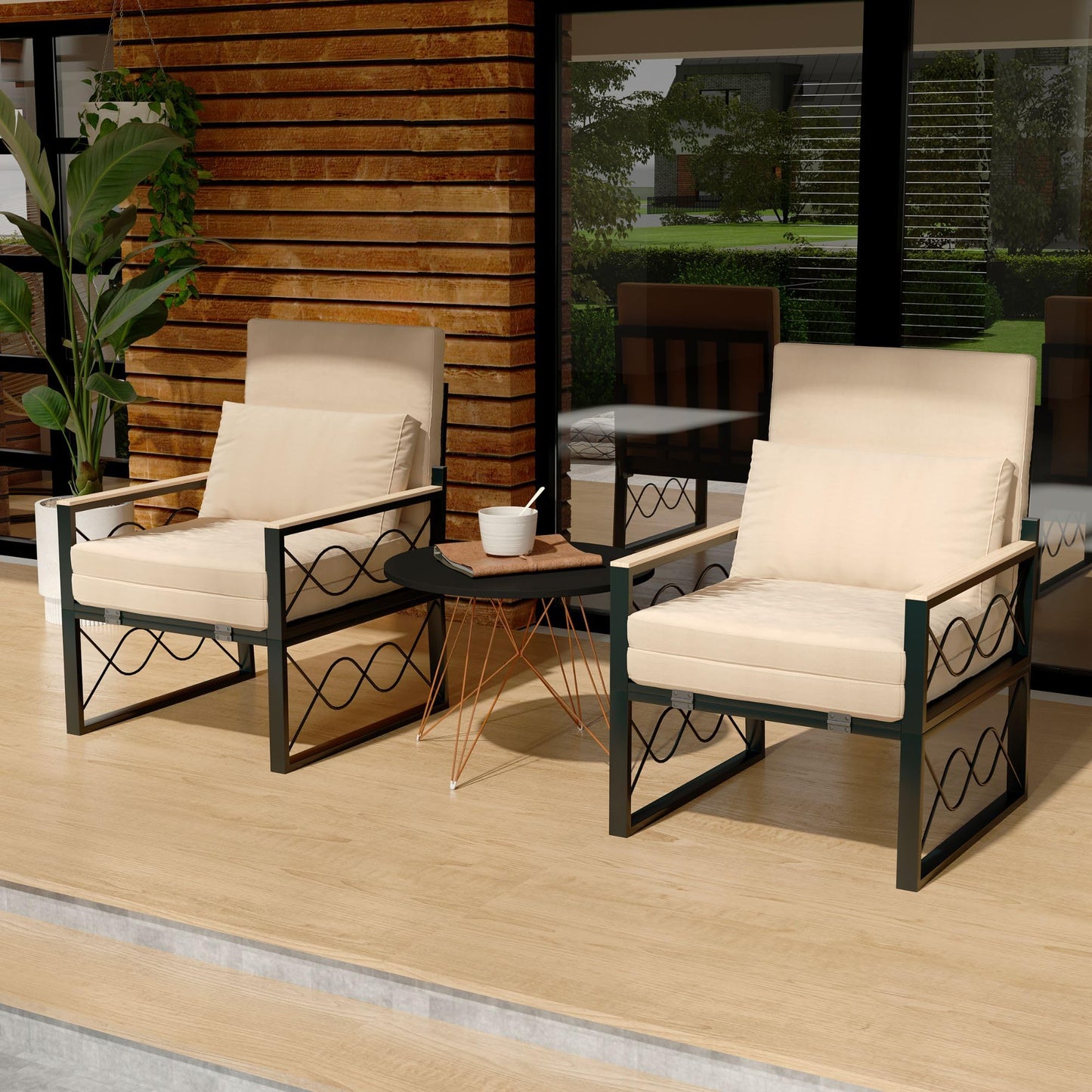 AECOJOY Outdoor Metal Chaise Lounge Chair Set of 2, Patio Convertible Armchair with Cushions, Adjustable 5-Position Recliner with Full Flat Tanning Function for Outside, Pool, Beige, 2 Pack