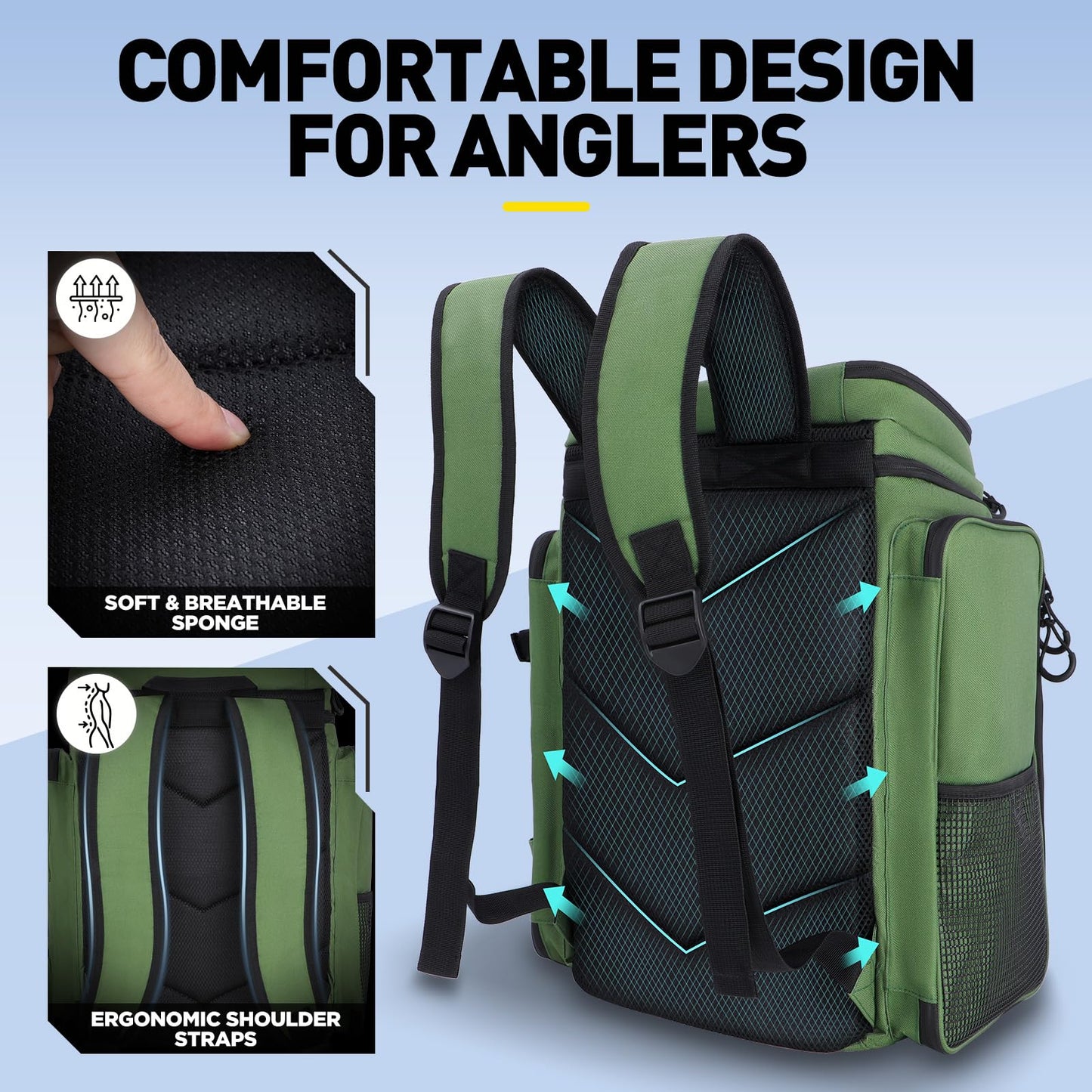 PLUSINNO Fishing Backpack with Rod Holders, 42L Water-resistant Fishing Tackle Bag With 4 Tackle Boxes,Fishing Gear For Camping, Hiking, Fishing Gifts for Men Green