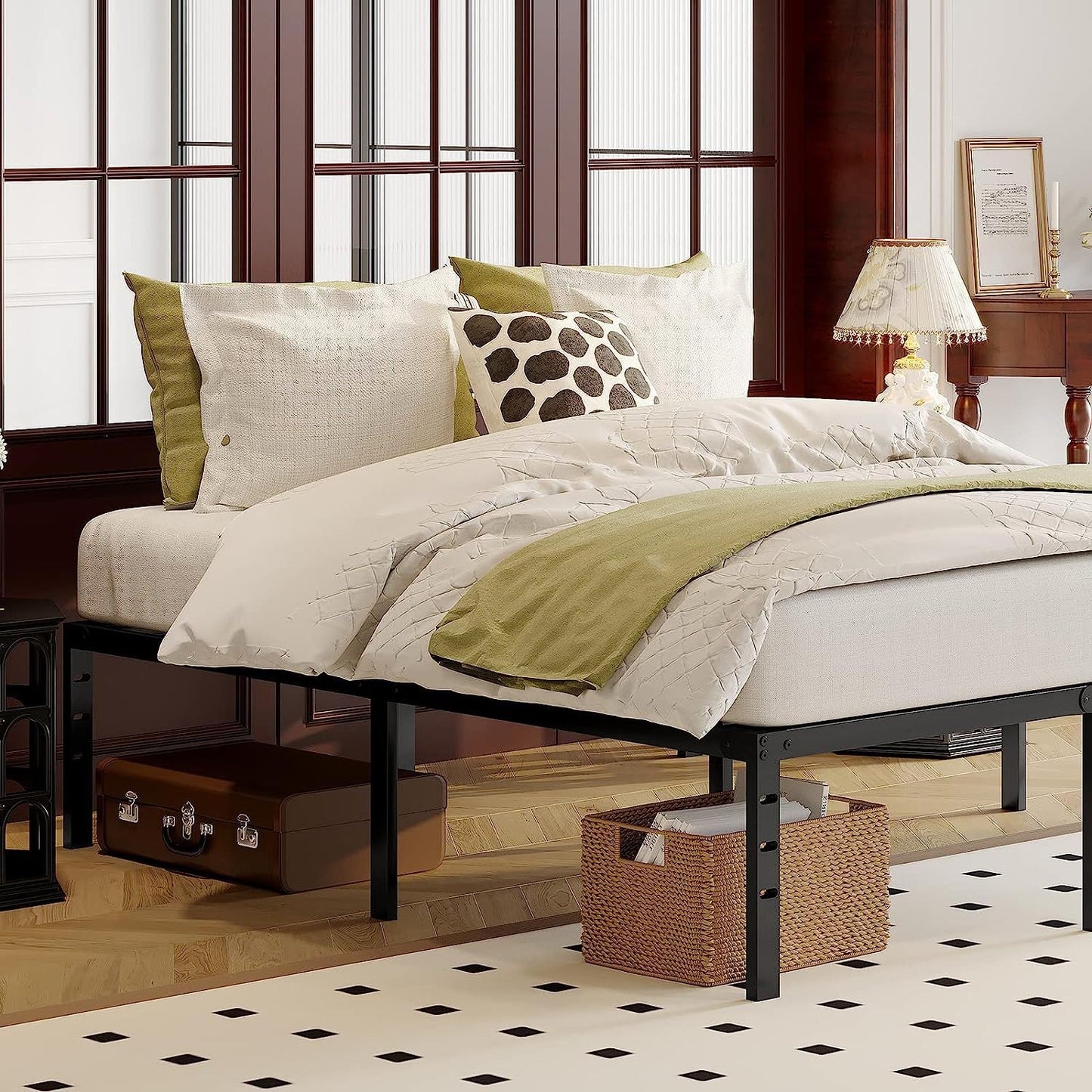 Approgreent Metal Queen Bed Frame, Durable Platform Queen Size Bed Frame, Heavy Duty Queen Bed Frame, No Box Spring Needed, Large Storage Space Under Bed, Quiet Without Noise Queen Bed Frame, Black