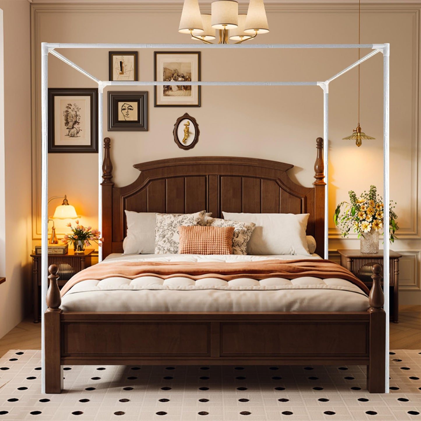 Stainless Steel Canopy Bed Frame King Size, Heavy Duty King Size Metal Canopy Frame for Metal Bed Wood Bed Bedroom Decor, White
