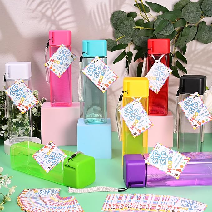 Olgaa 16 Sets Back to School Supplies Gifts for Students from Teacher Water Bottles Bulk Set for Kids 16oz with Card Reusable Portable Plastic Sports Drink Water Bottles Bulk for School Classroom