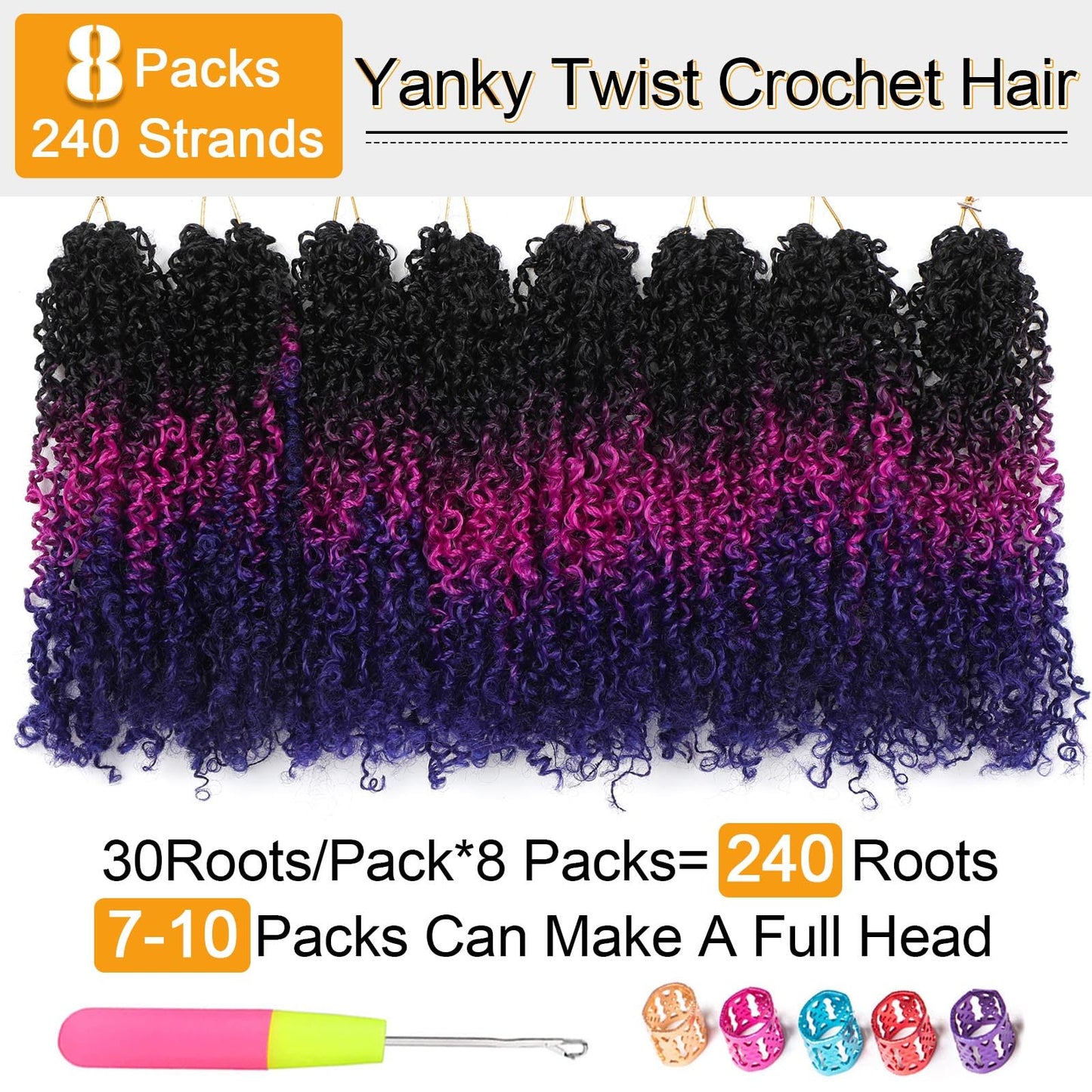 Aksice Pre-looped Yanky Twist Crochet Hair 8 Inch 8 Packs Bohemian Passion Twist Spring Mini Twist Crochet Hair for Black Women Boho Crochet Braids Synthetic (#1b/purple/blue)
