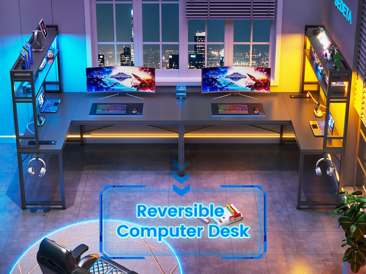 SEDETA L Shaped Gaming Desk, Reversible 45.3” Small Corner Desk with Power Outlet and LED Lights, Corner Gaming Desk with Storage Shelves, Hooks for Small Space, Black