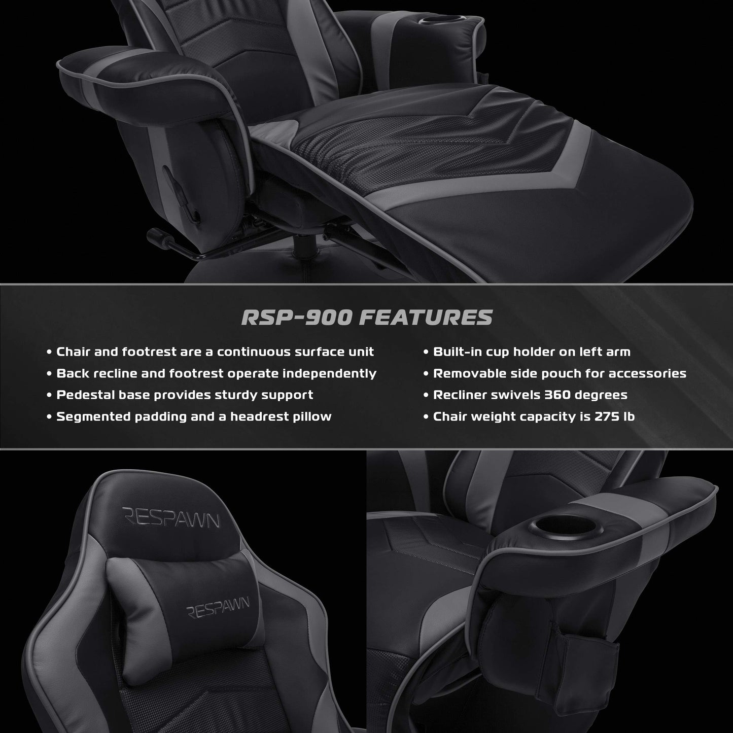 RESPAWN 900 Racing Style Gaming Recliner, Reclining Gaming Chair, in Gray RSP 900 GRY