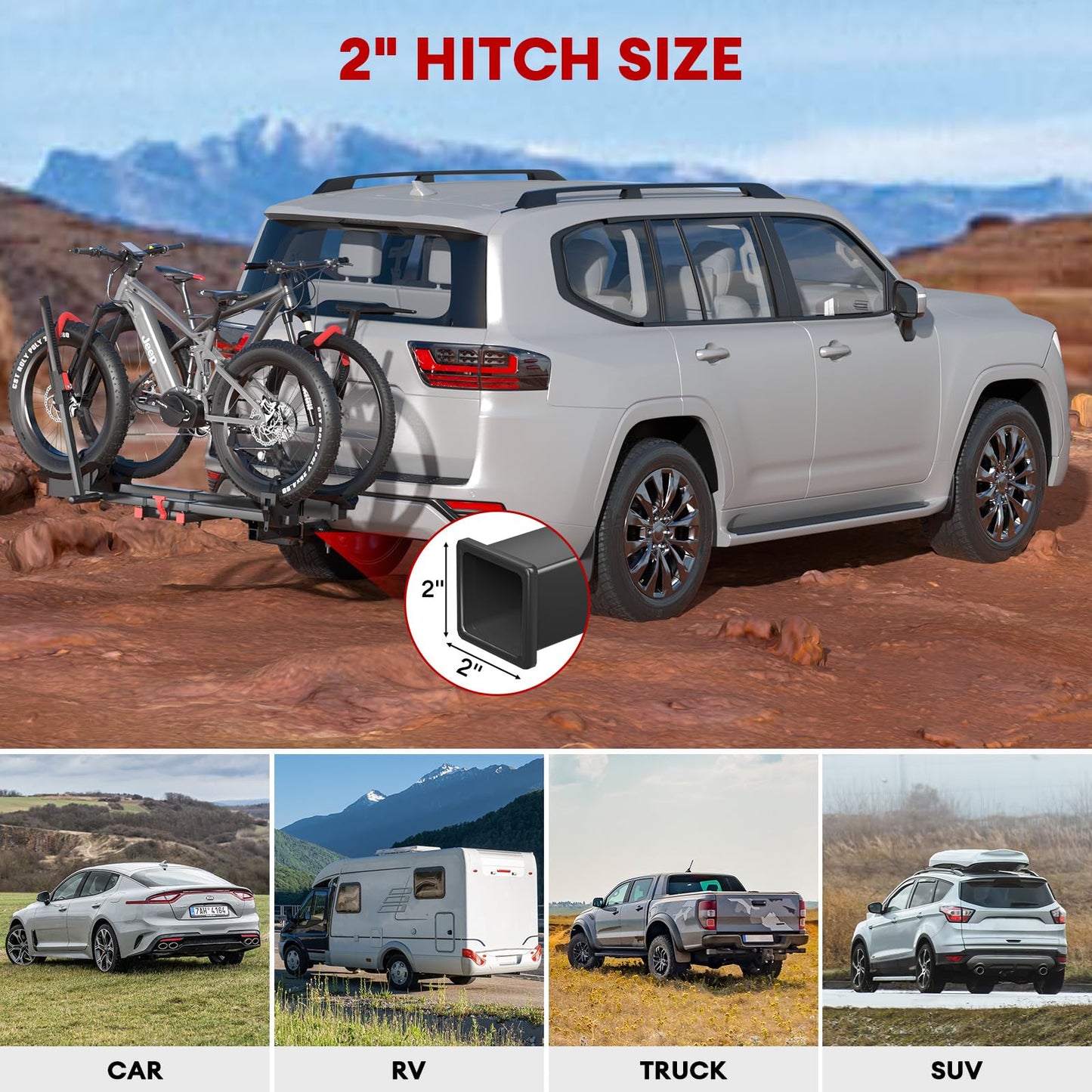 RoamEase Hitch 2 EBike Rack with Ramp, 170lbs Capacity Electric Bike Carrier Foldable for 2 Heavy Ebike, Up to 5-inch Fat Tire Bicycle, 2" Receiver for Car, SUV, RV, Truck, Black