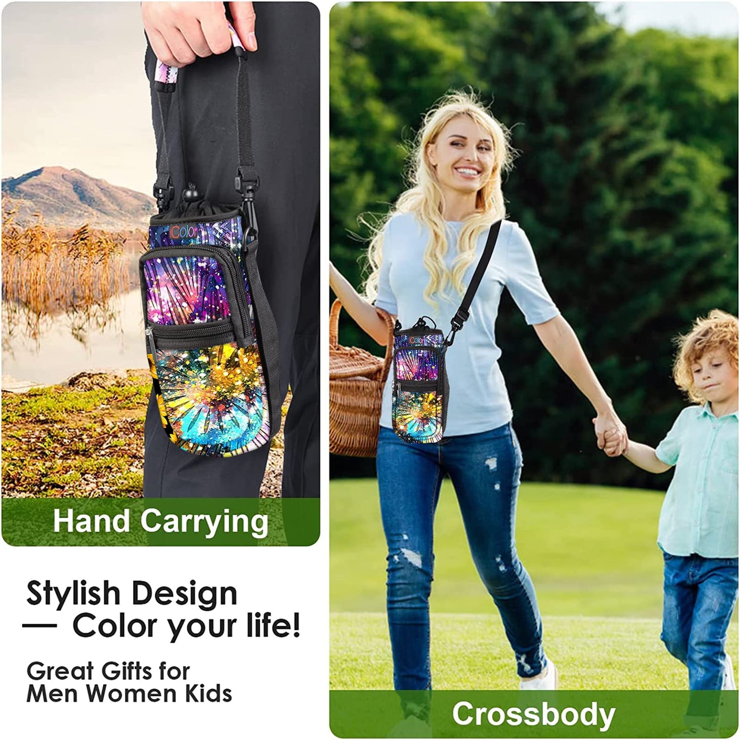icolor Water Bottle Carrier Bag Holder 25/32/40/64oz,Adjustable Padded Shoulder & Handle Strap Sports Sling Hiking Pack,Insulated Neoprene Wide Mouth Bottle Sleeve