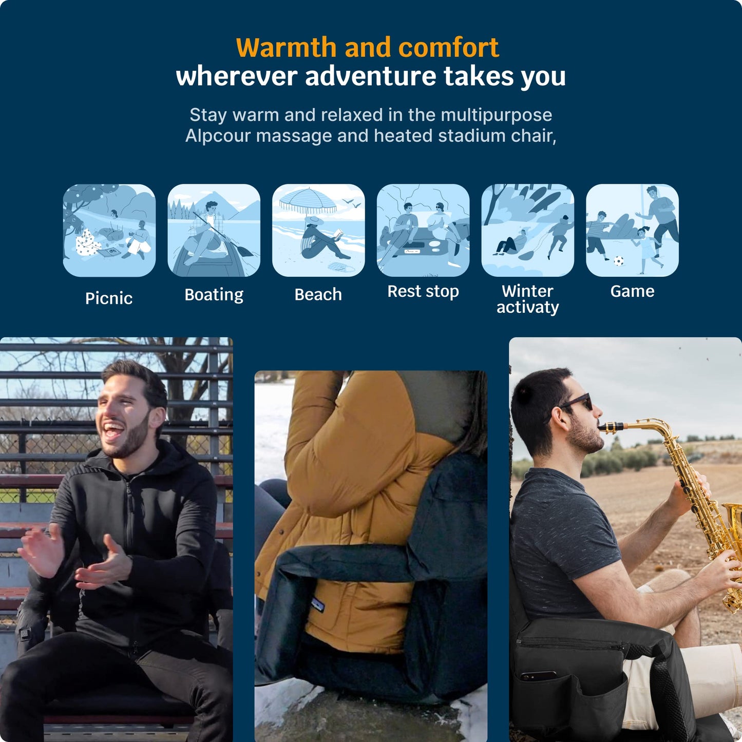 Alpcour Heating Massage Stadium Seat – Deluxe Extra-Wide Reclining Bleacher Chair with Back & Arm Support – Built-in Heater and Massager - Extra Thick, Lightweight & Waterproof