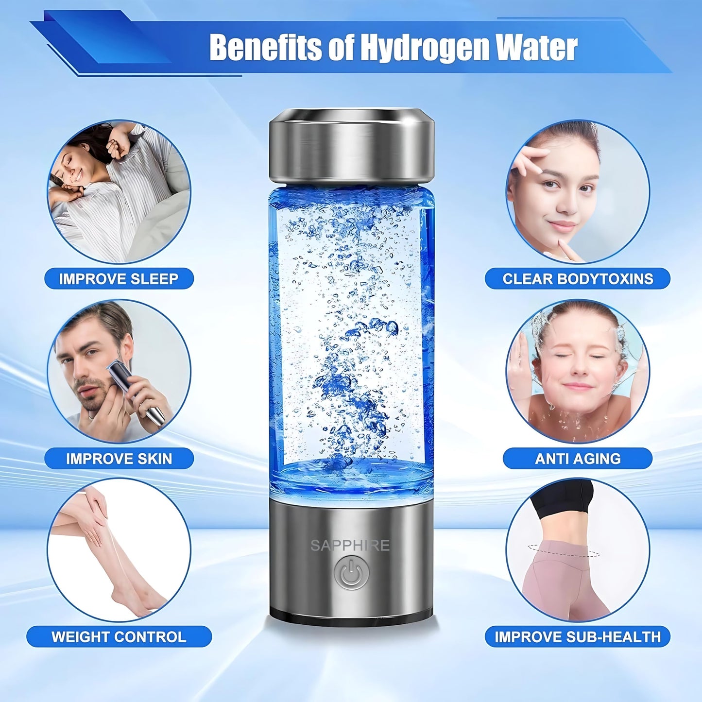 SAPPHIRE Hydrogen Water Bottle, 2025 Advanced 5th Generation SPE & PEM Technology, Portable & Rechargeable Hydrogen Water Bottle Generator, Chlorine & Ozone-Free, Stainless Steel 14oz