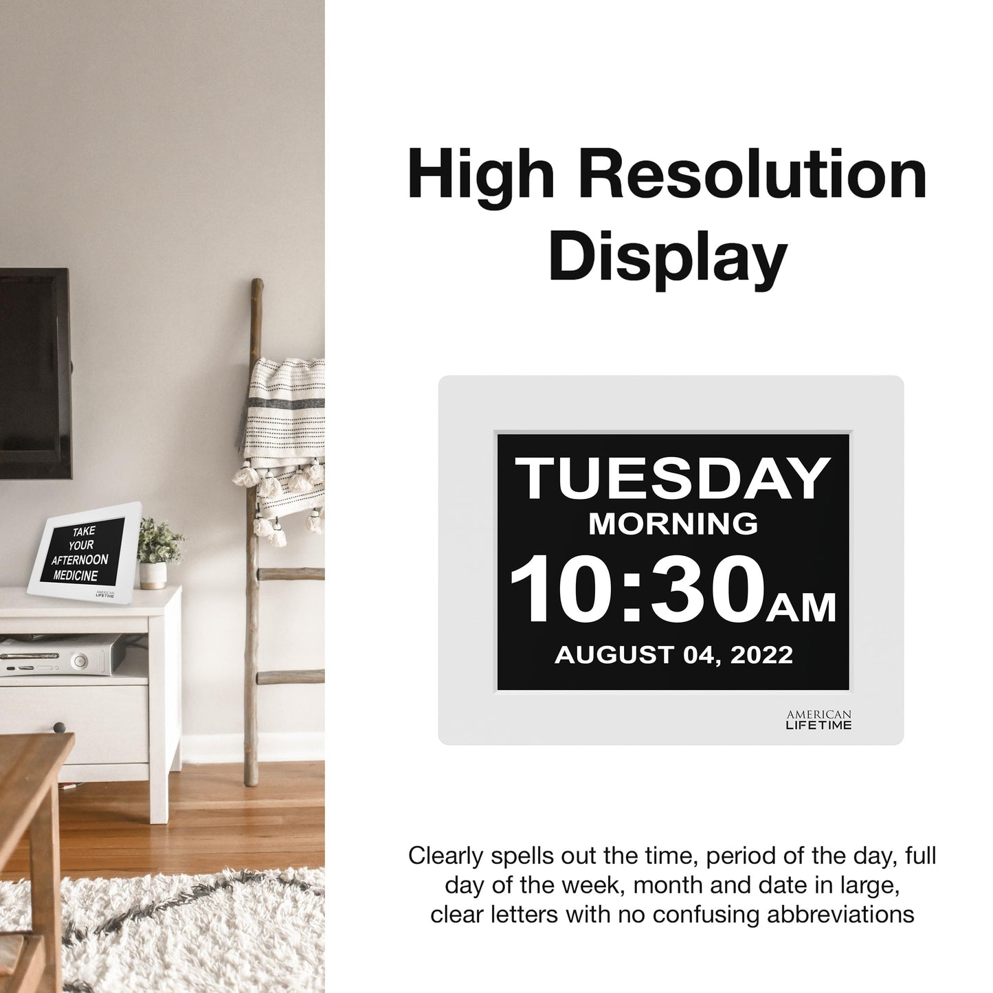 American Lifetime New 2025 Dementia Clock Large Digital Clock for Seniors, Large Display with Custom Alarms, Calendar Clock with Day & Date for Elderly, Clear Numbers Alzheimer Digital Clock White
