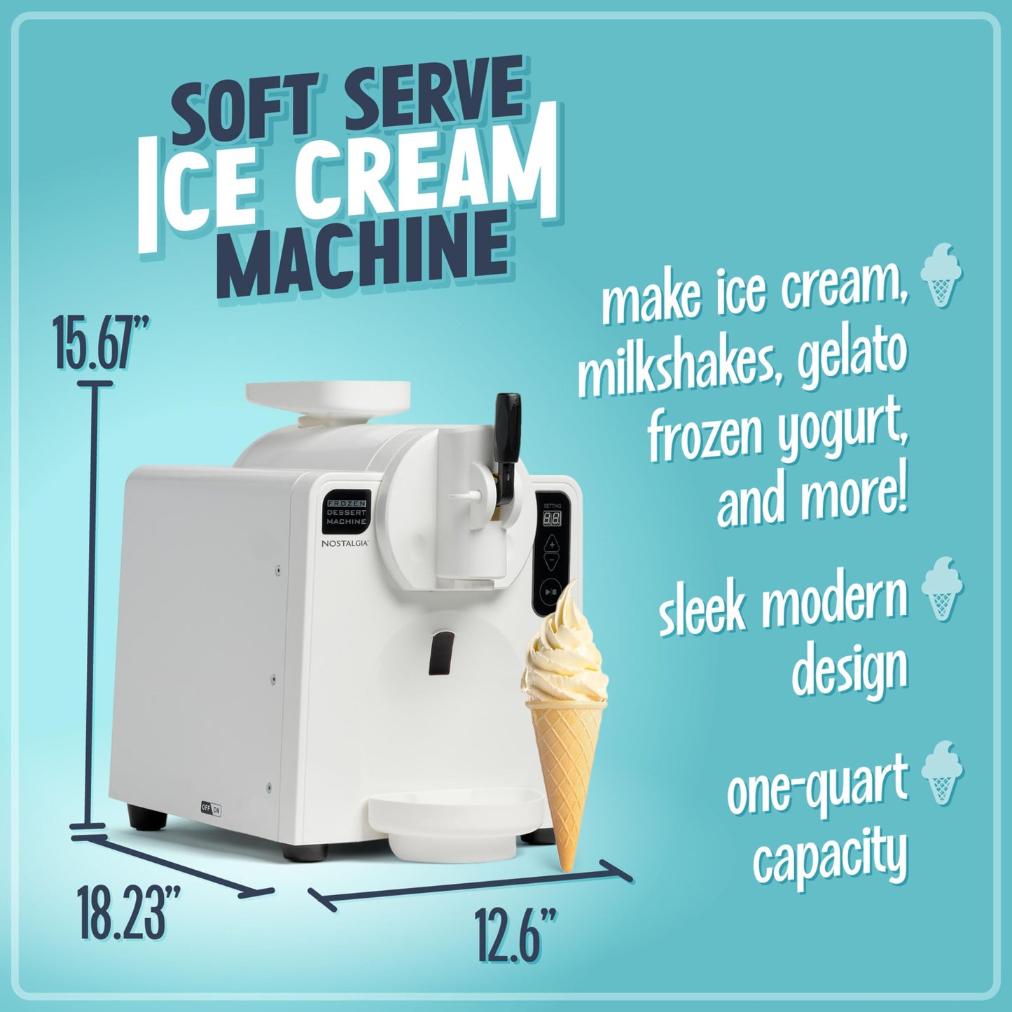Nostalgia Easy-Dispensing Soft Serve Ice Cream & Frozen Dessert Machine, Makes 1 Quart of Ice Cream, Milkshakes, Frozen Yogurt, Gelato in Minutes, Ice Cream Sandwiches, With LED Display, White