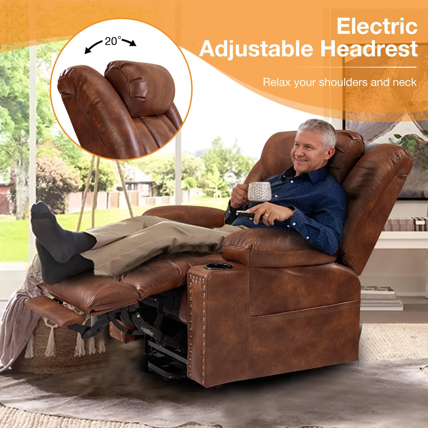 Cfvyne Triple Motor Large Power Lift Recliner Chair for Elderly with Heat and Massage, Lay Flat Lift Chairs for Seniors Infinite Position, Extended Footrest, USB Ports, Cup Holder, Light Brown