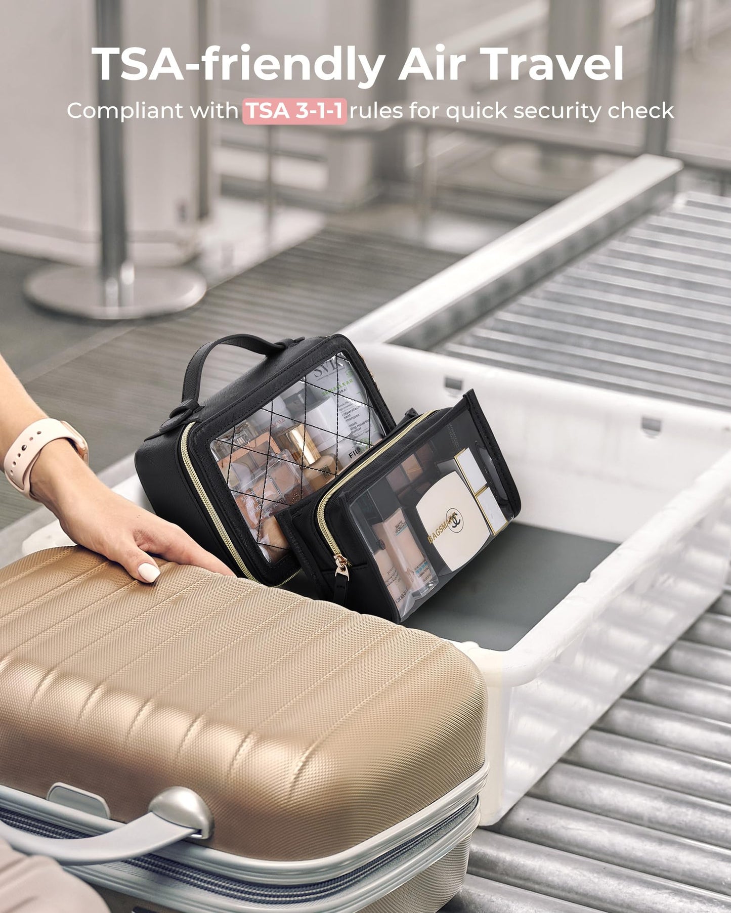 BAGSMART Clear Makeup Bag Set, TSA Approved Toiletry Bag, Clear Travel Bags for toiletries, Cosmetic Bags with Zipper, Makeup Organizer Bags Fit Carry-on Travel Essentials, Black