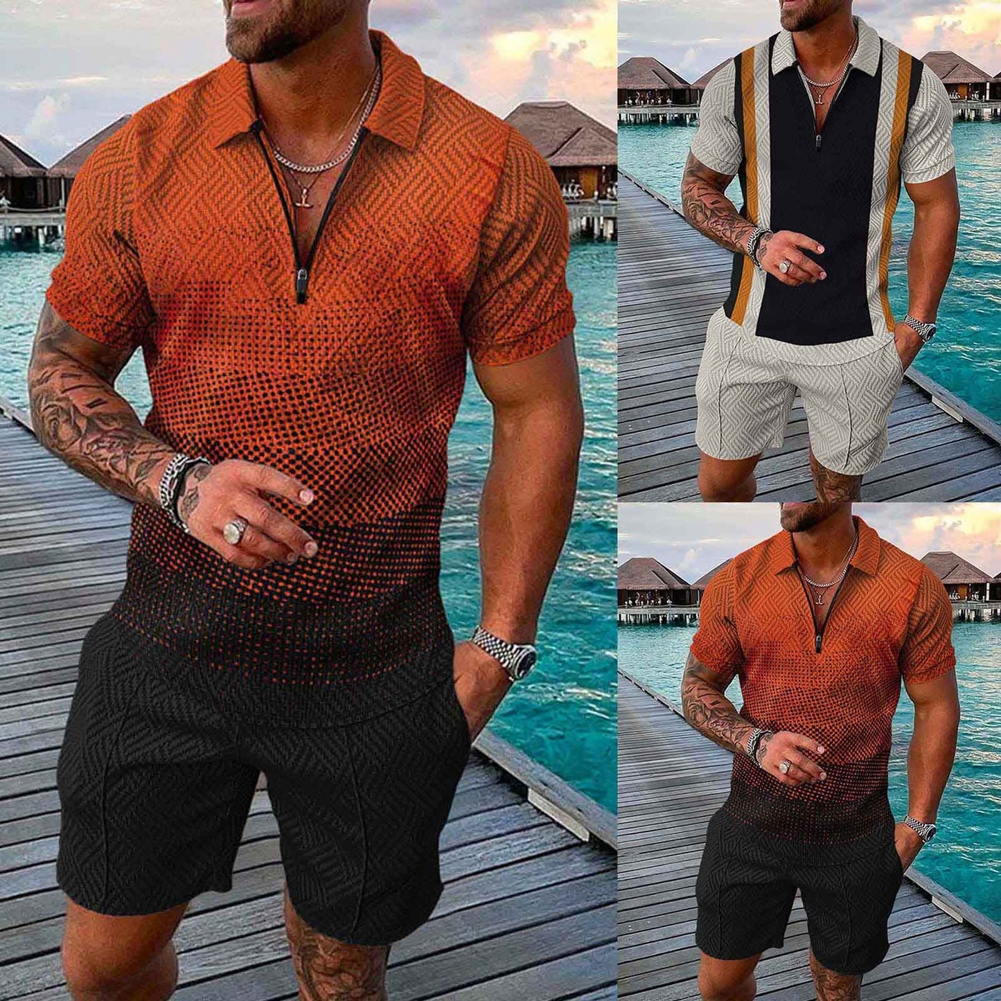 YWASYA sweatsuits for men big and tall,Men Short Sets Outfits 2 Piece Casual Short Sleeve Golf Polo Shirts for Men and Shorts Beach Outfits Men's Tracksuits