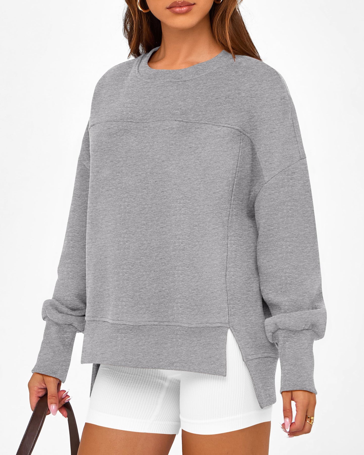 BTFBM Women's Casual Crewneck Sweatshirts 2024 Fall Winter Clothes Long Sleeve Side Slit Workout Fleece Pullover Tops(Grey, Medium)