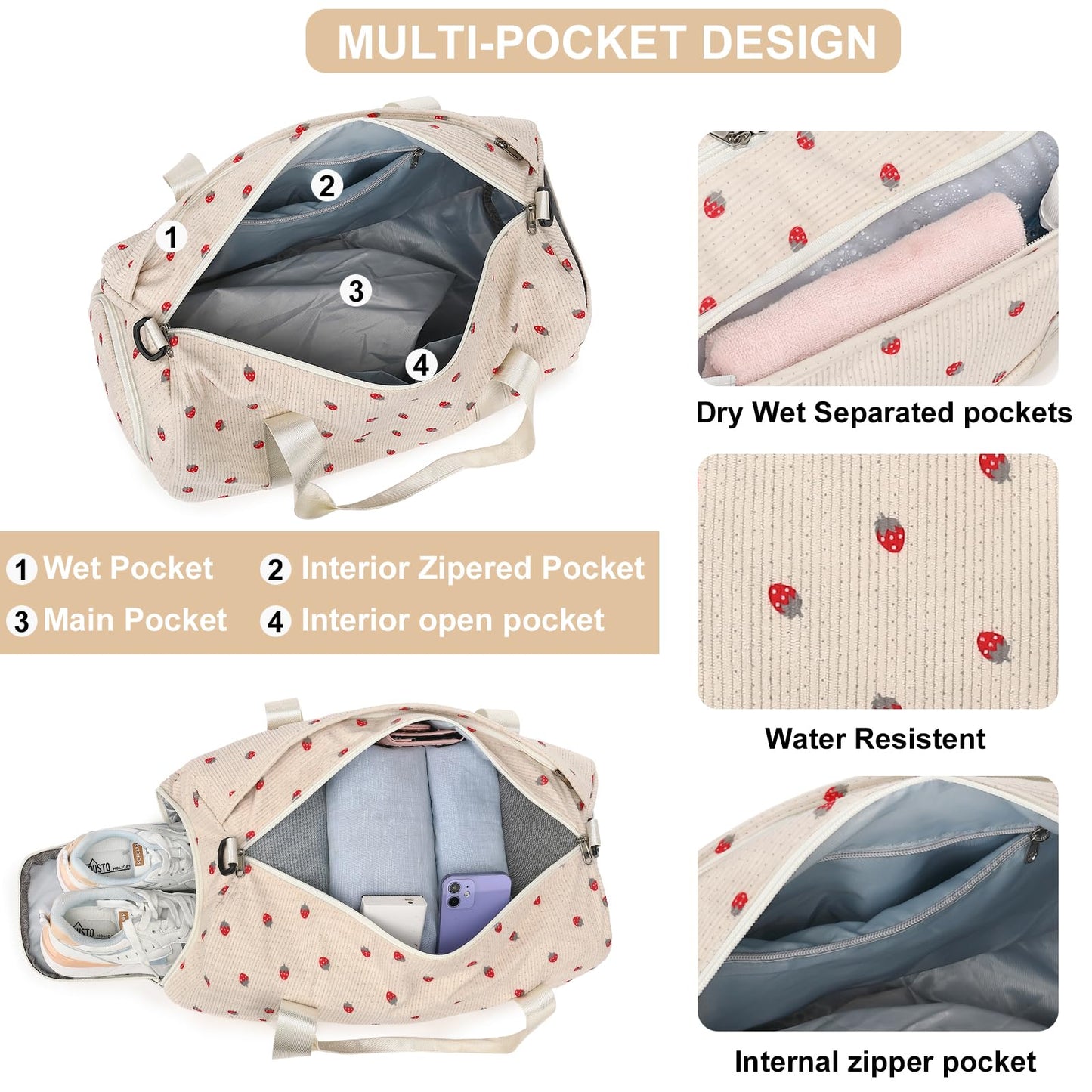 BLUBOON Duffle Bag Girls Kids Cute Gym Bag with Shoes Compartment & Wet Separation Waterproof Sports Overnight Travel Bag(Corduroy Strawberry)