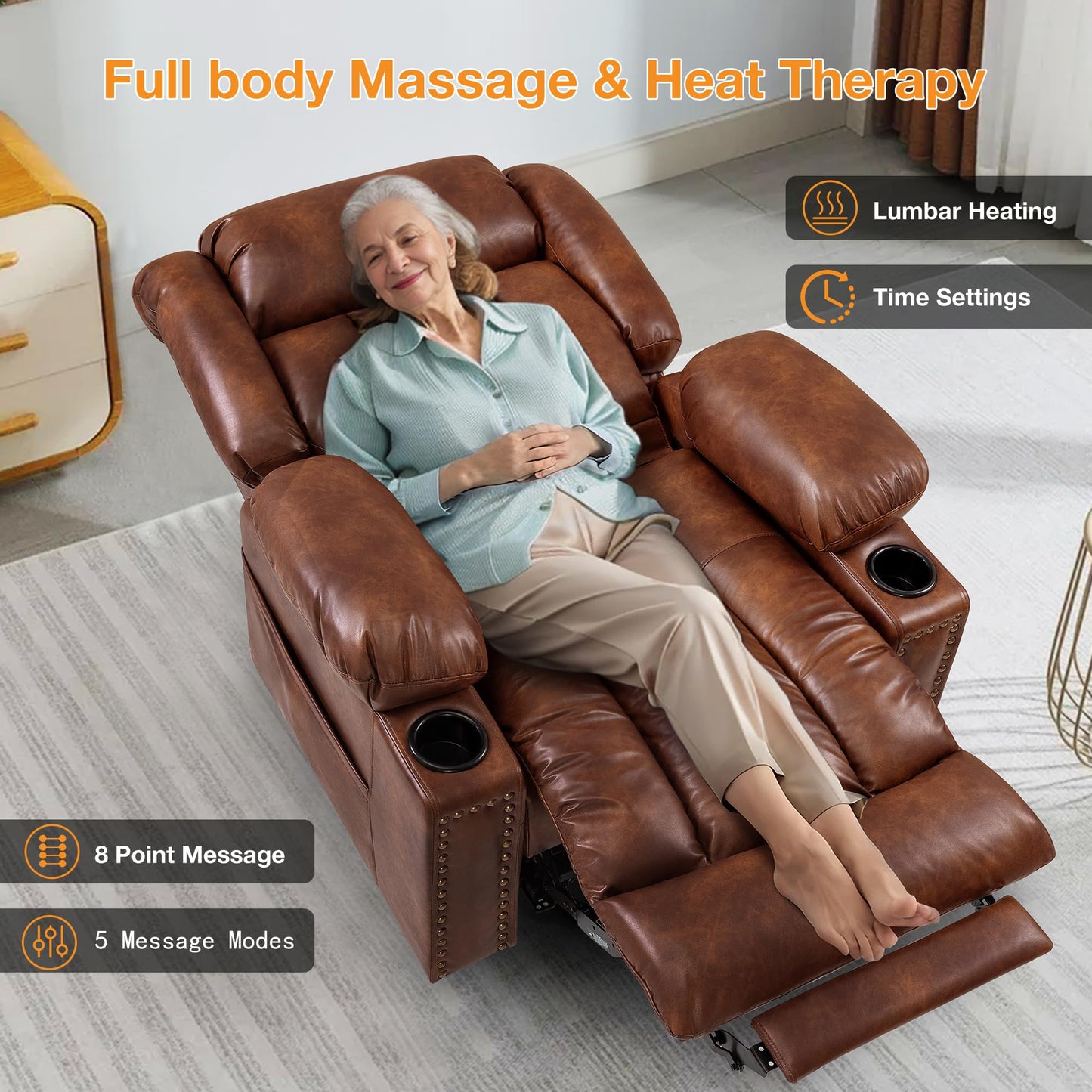 Cfvyne Triple Motor Large Power Lift Recliner Chair for Elderly with Heat and Massage, Lay Flat Lift Chairs for Seniors Infinite Position, Extended Footrest, USB Ports, Cup Holder, Light Brown
