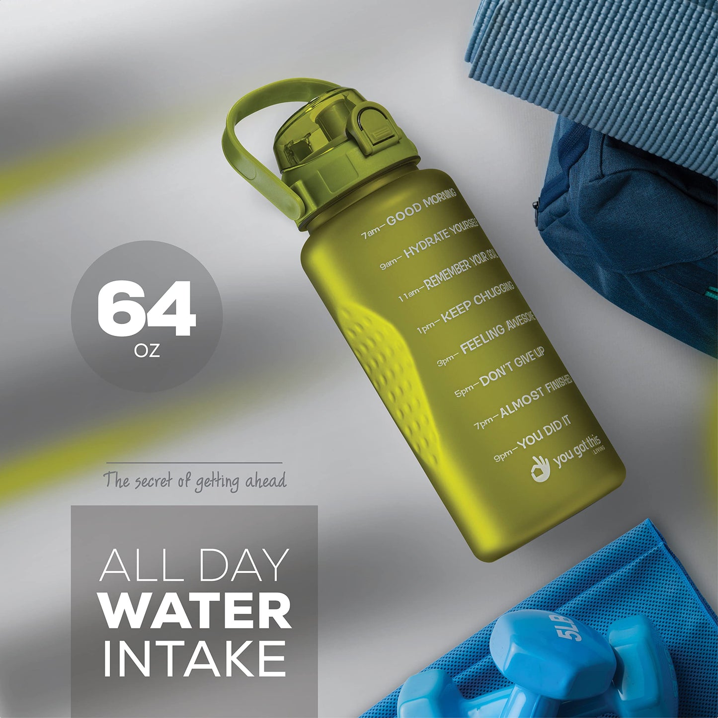 YOU GOT THIS LIVING Motivational Water Bottle with Time Marker,Half Gallon Water bottle with Straw 64 oz/2.2L Gym Water Bottle, Achieve All-Day Hydration SpillProof, BPA FREE