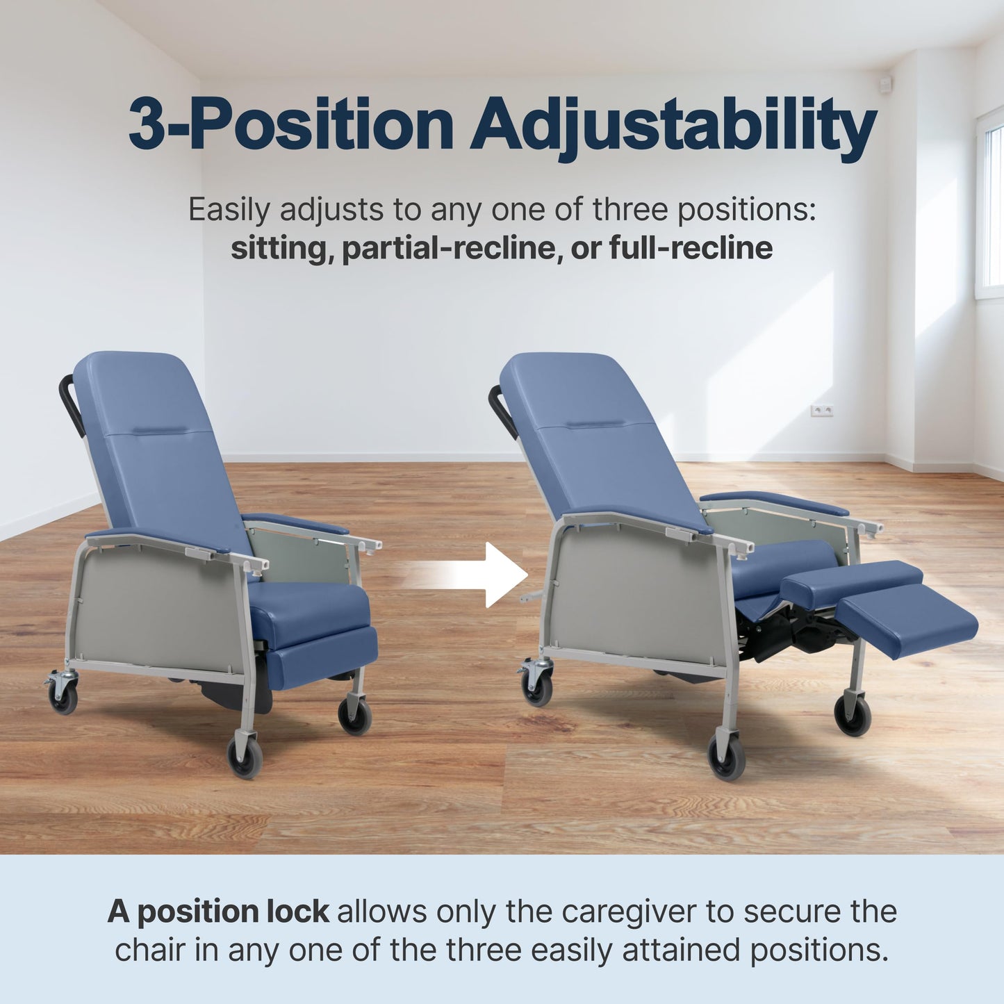 Lumex 3-Position Medical Recliner, Reclining Geri Chair with Wheels, Blue Ridge