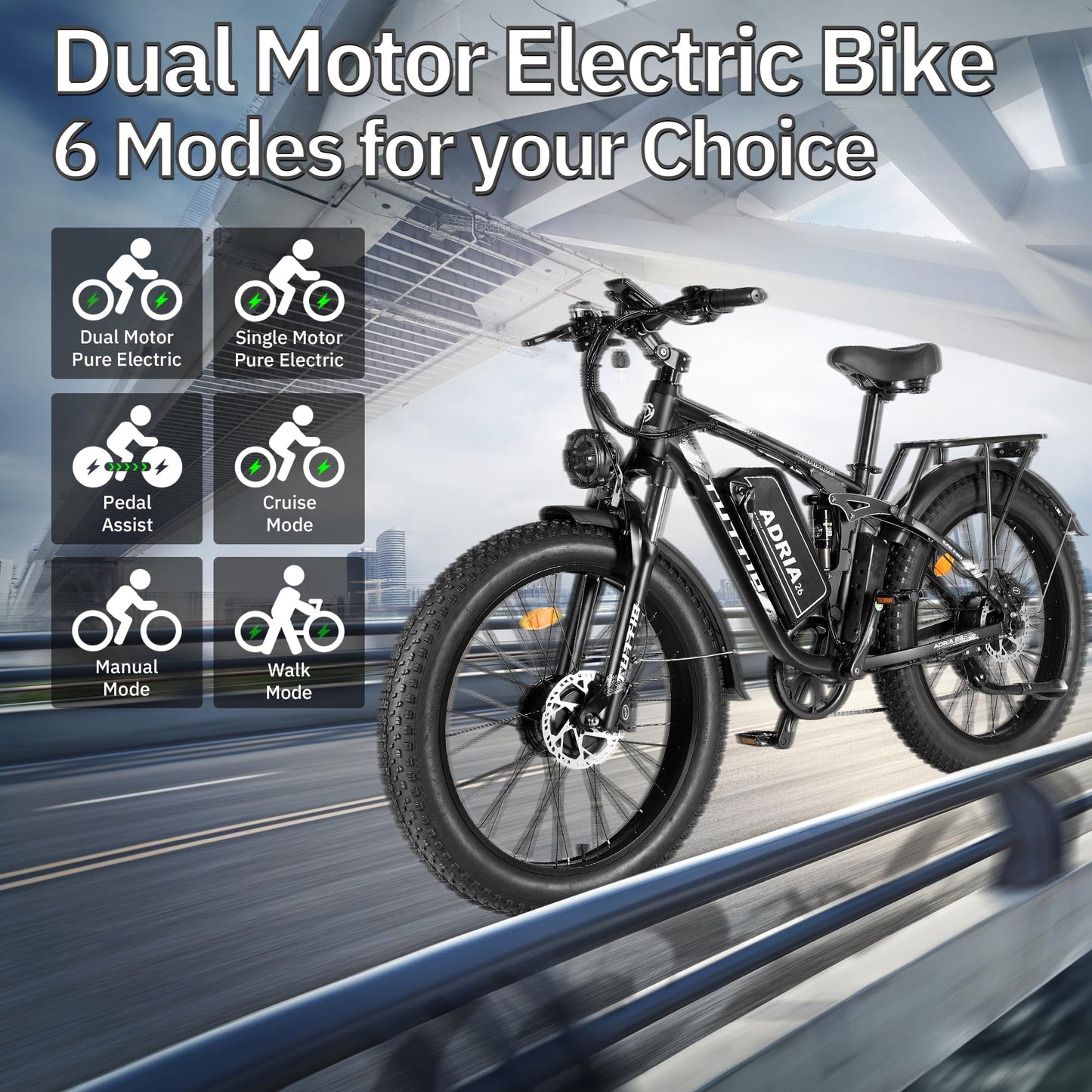 TUTTIO Electric-Bike for Adults-Men, Dual-Motor-Ebike 40-46MPH, 52V 30AH Long Range Electric Bicycle, 26" Fat Tire Dirt-Bike, Full Suspension Mountain Bike for Off-Road Snow Sand Hunting (Black)