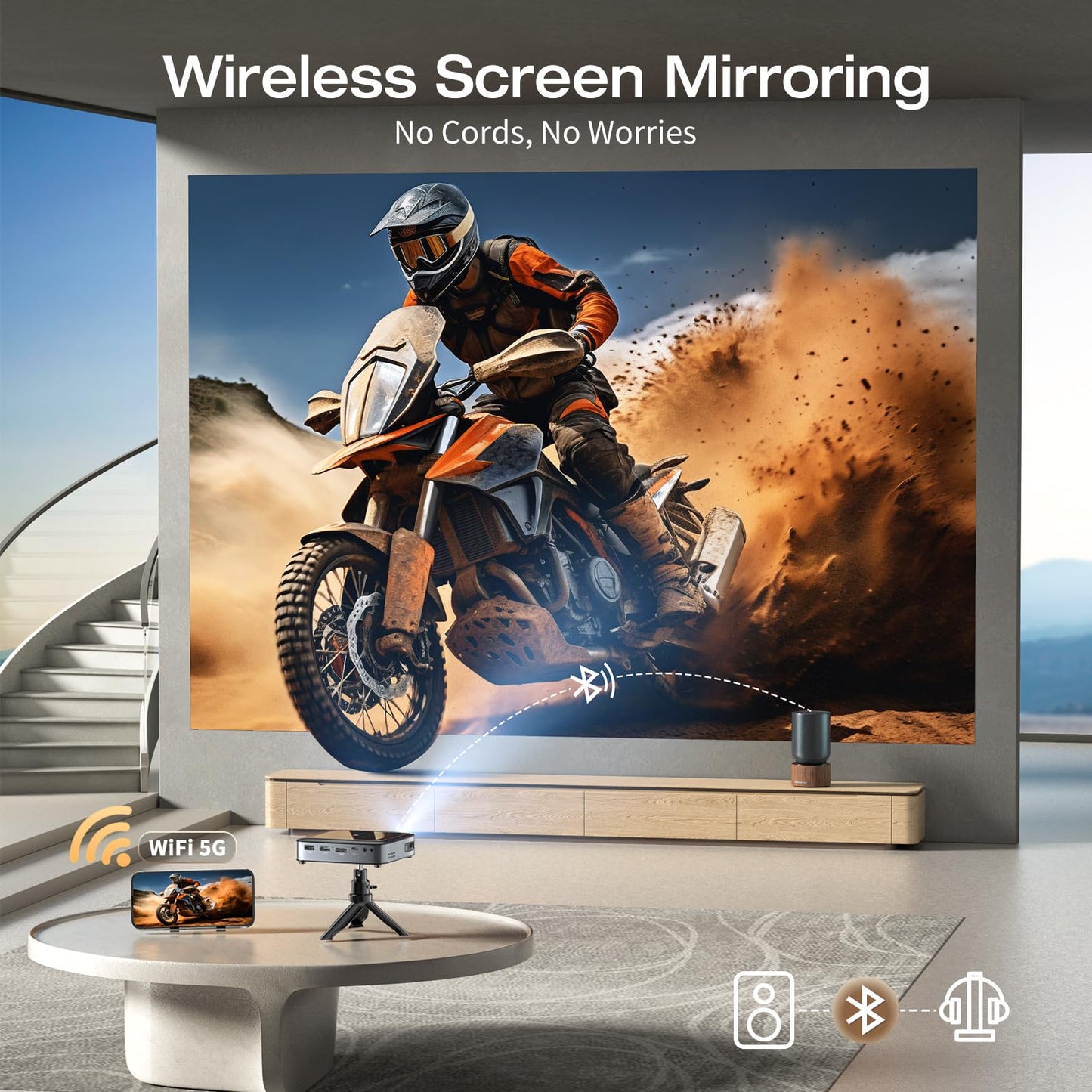 GooDee WiFi Bluetooth Mini Projector - 4K DLP Projector 1080P Support Pocket Pico Movie Projector with Tripod, Outdoor Video Portable Rechargeable Battery Short Throw for iPhone/Android