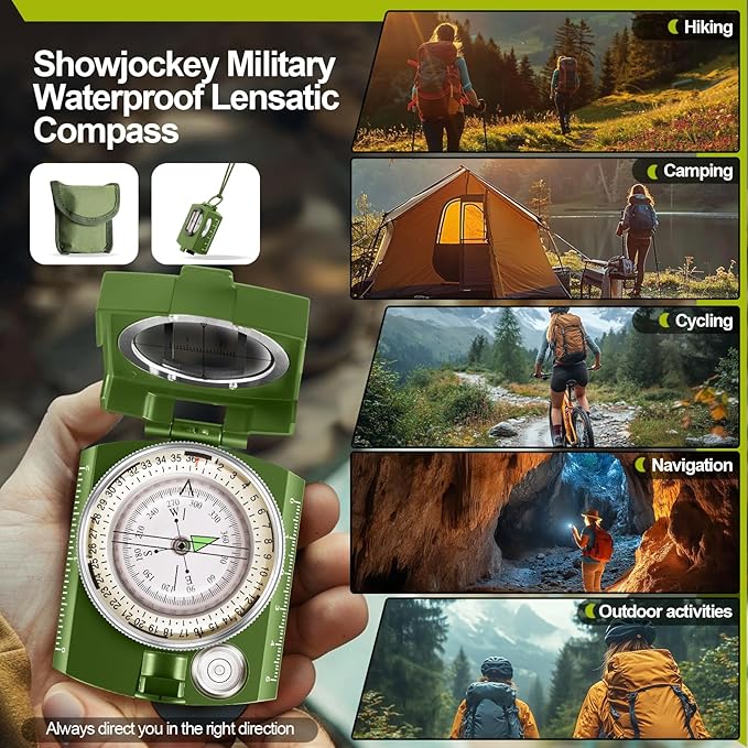Compass Hiking Survival Military Grade for Hiking, Camping, Map Navigation, Showjockey Waterproof Lensatic Tactical Survival Compass with Pouch & Lanyard, Lightweight