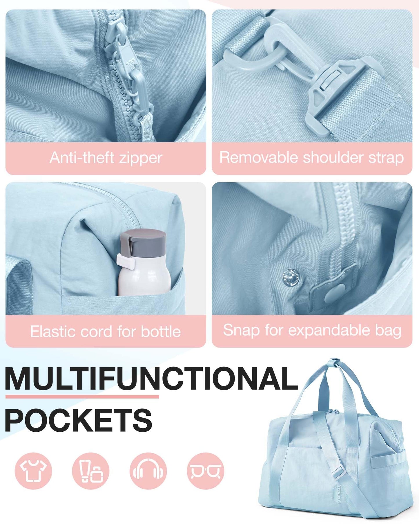 BAGSMART BAGSMART Gym Bag for Women, Carry on Weekender Overnight Bag, Travel Duffel Bags, Personal Item Travel Bag Tote Bag Workout Dance Bag, Light Blue-34L