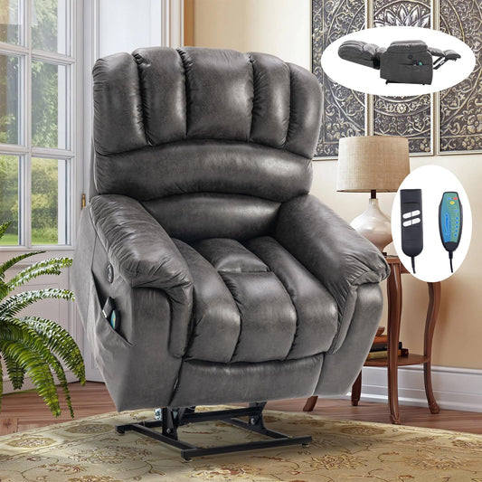 OUINCH Large Dual Motor Lay Flat Sleeper Power Lift Recliner Chair for Elderly with Heat and Massage, 2 Remote Controls, 2 USB Ports & 2 Side Pockets, Infinite Position (Grey)