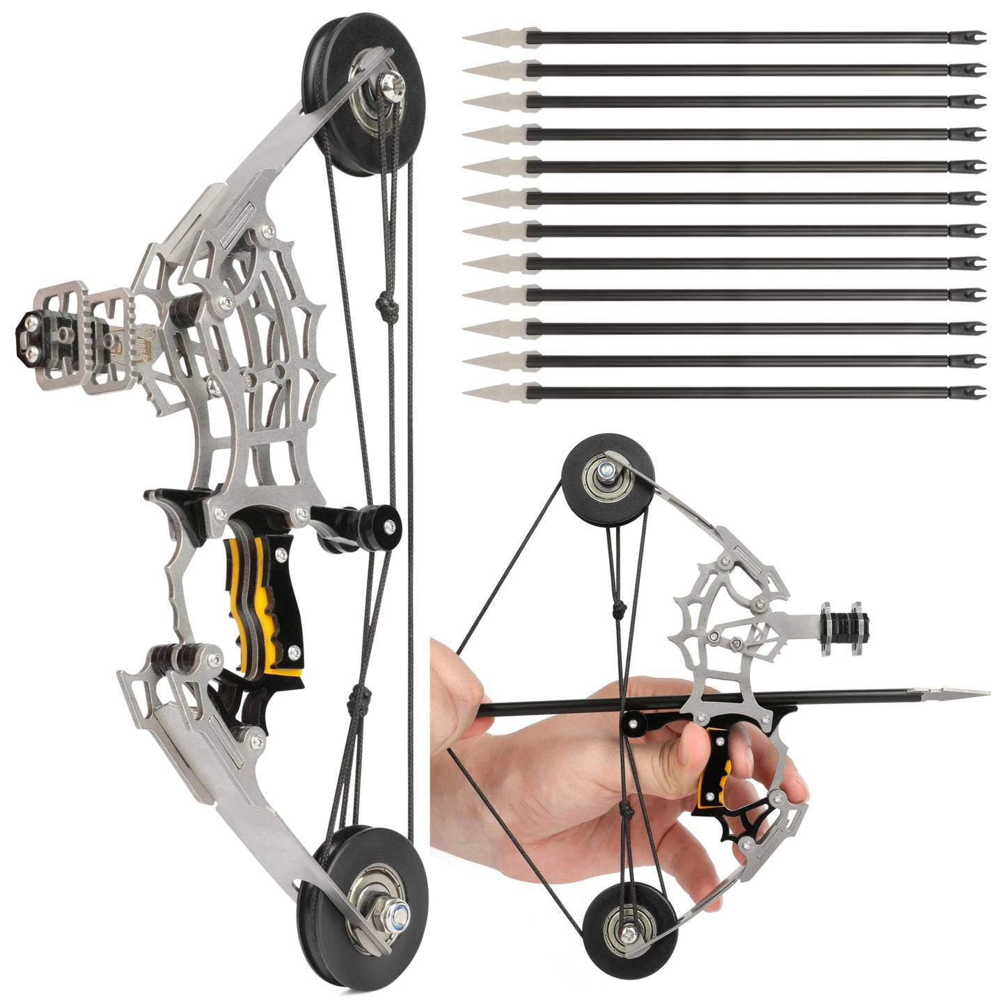 AMEYXGS 8.8 inch Mini Compound Bow Stainless Steel includes 4/12 Arrows and Target Paper (bow and 12 arrow)