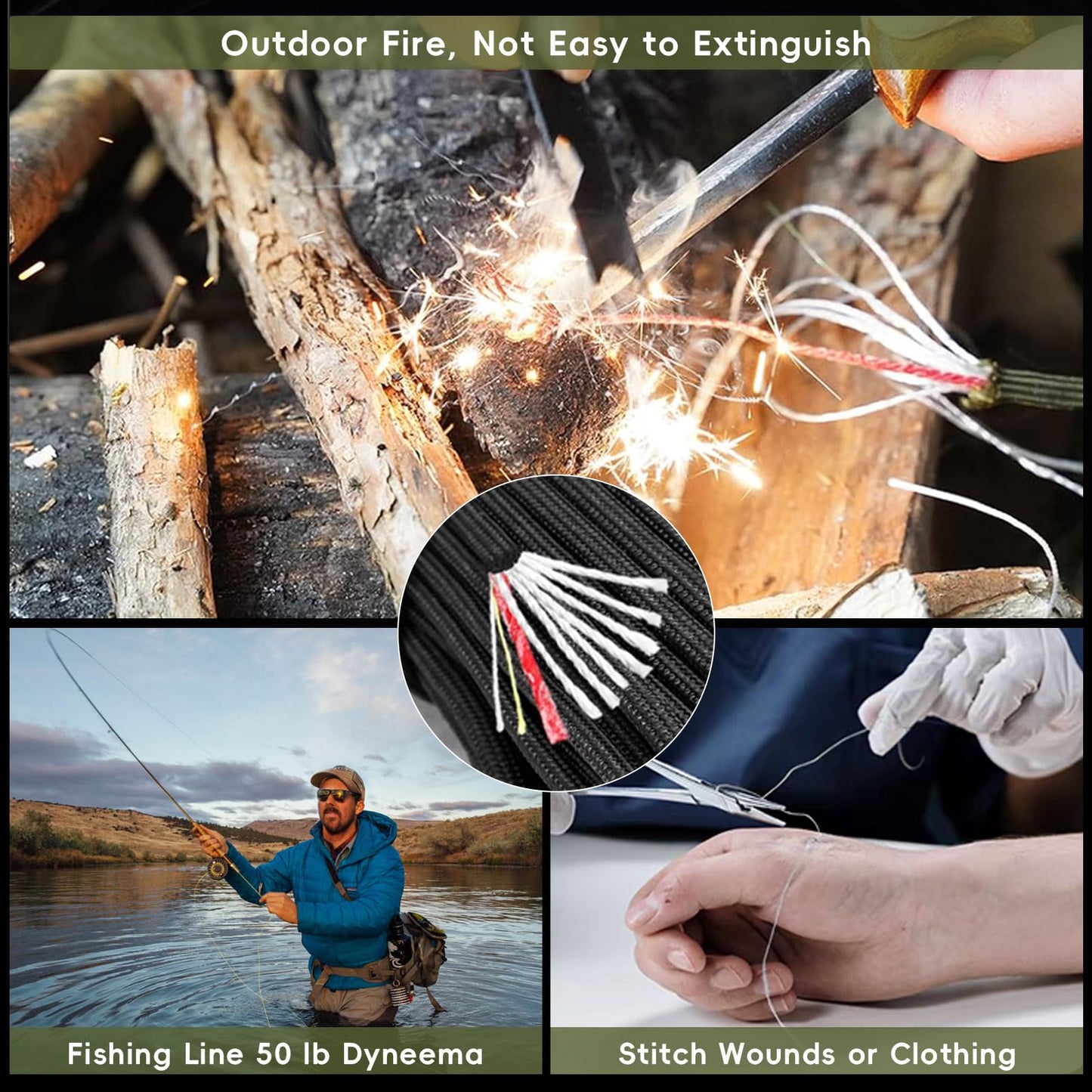 4-in-1 Survival Paracord 550 Paracord 550 Fire Cord Paracord 10 Strand, 5/32" Diameter U.S. Military Type III 550 Parachute Cord with Integrated Fishing Line, Fire-Starter Tinder