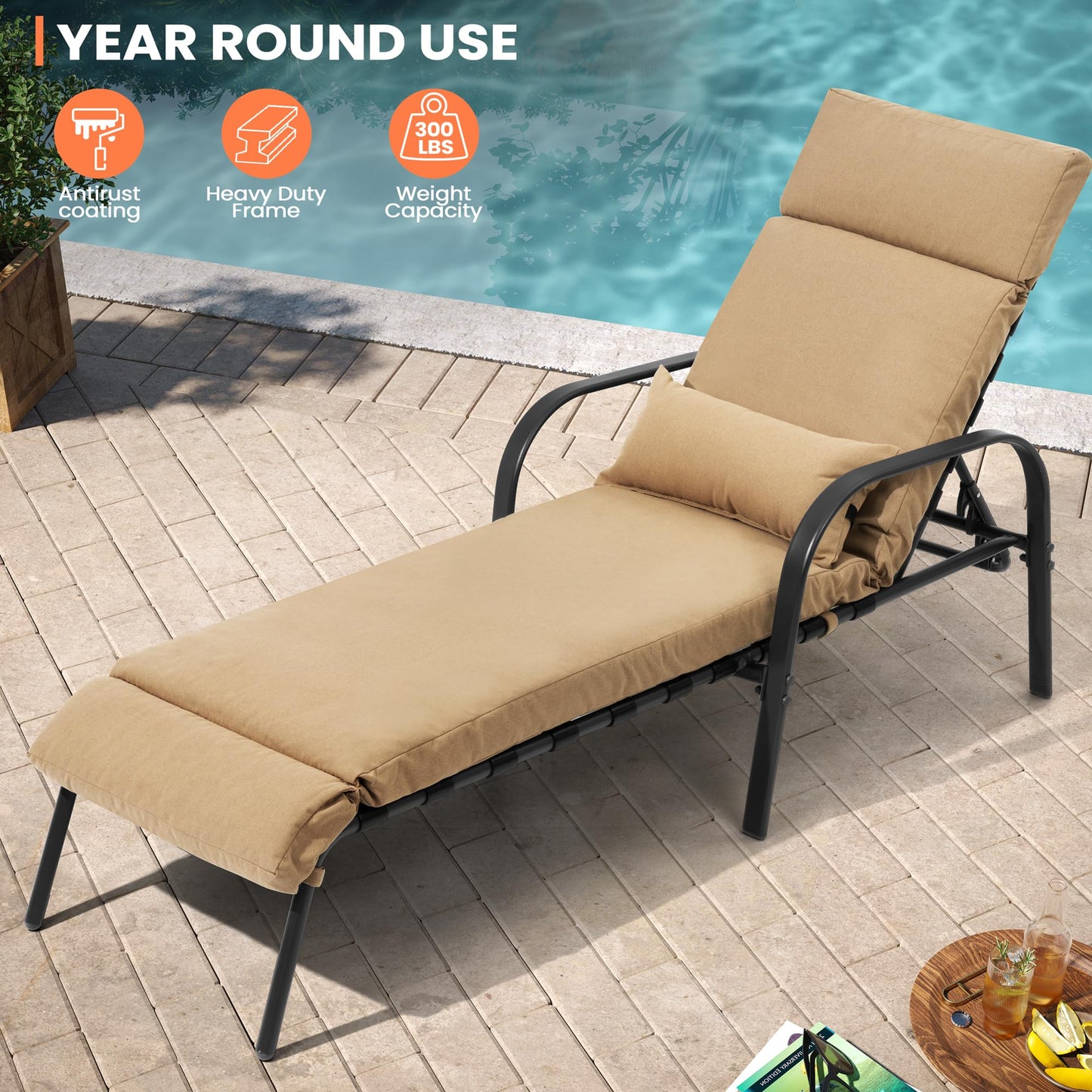Pellebant Patio Chaise Lounge Chair with Cushion, Adjustable Lounge Chair with 5 Positions, Outdoor Recliners All Weather for Beach, Pool and Yard, 2 Pcs, Tan