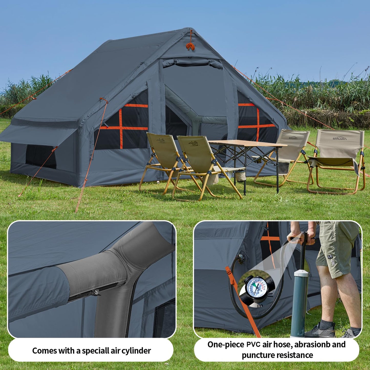 Inflatable Tent with Pump, 4-6 Person Glamping Camping Tents House, Easy Setup Blow Up Family Tents for 4 Seasons Waterproof Inflatable Tent for Camping with Mesh Windows.