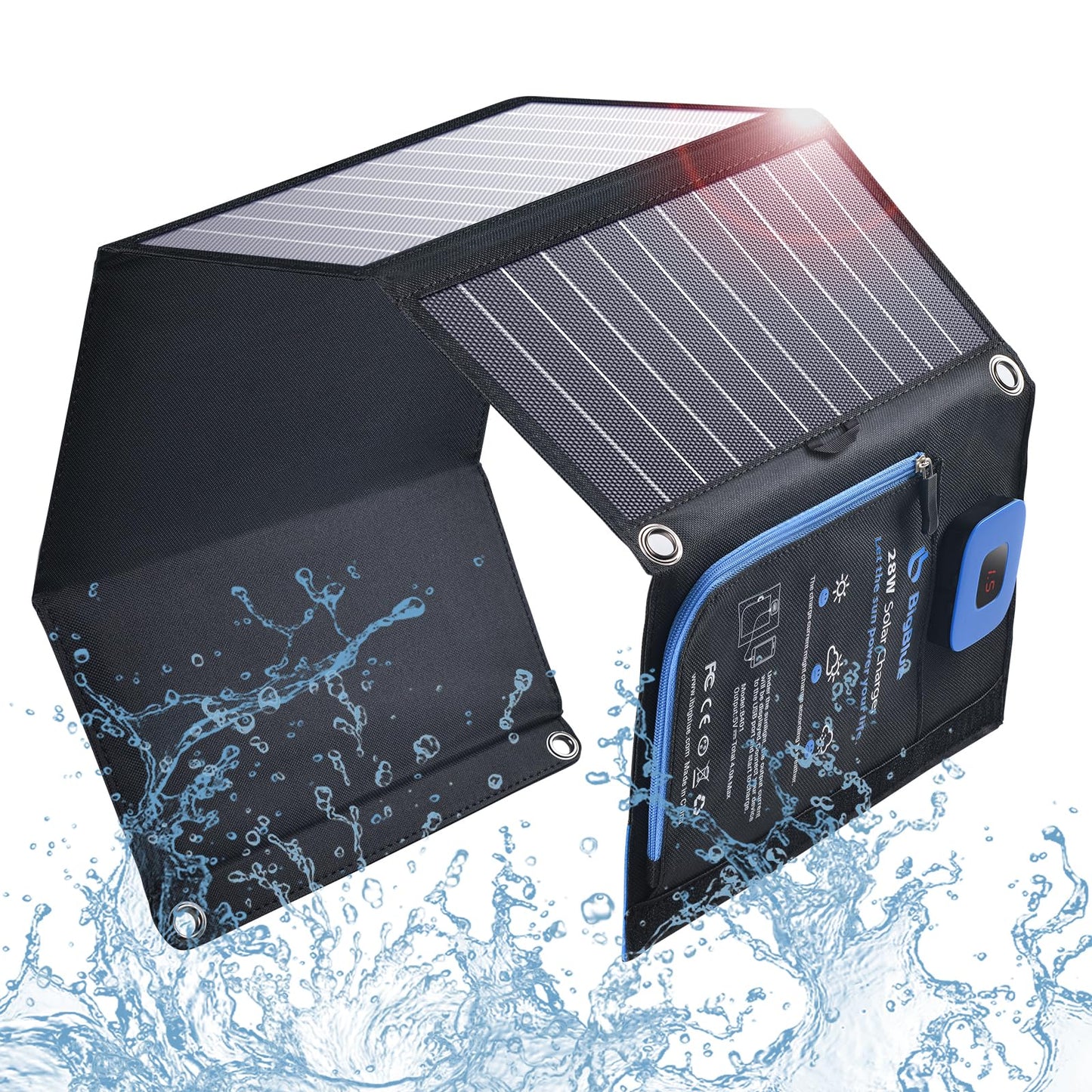 BigBlue Portable Solar Charger 28W with Digital Ammeter, 25.4% High-Efficiency, Dual USB Ports, Folding Waterproof Solar Panels with Carabiners for Camping, Backpacking, Phones, Tablets, Power Bank