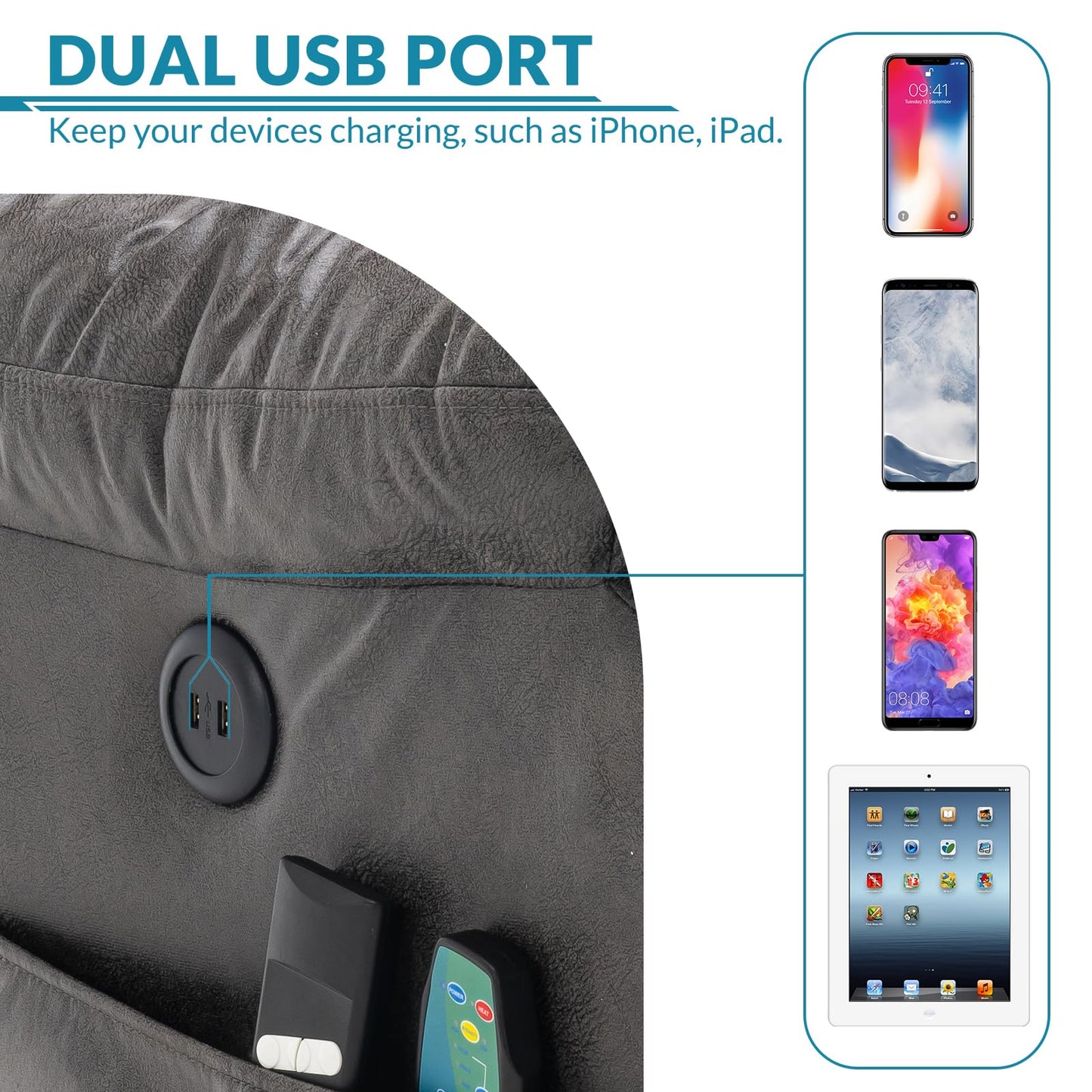 OUINCH Large Dual Motor Lay Flat Sleeper Power Lift Recliner Chair for Elderly with Heat and Massage, 2 Remote Controls, 2 USB Ports & 2 Side Pockets, Infinite Position (Grey)